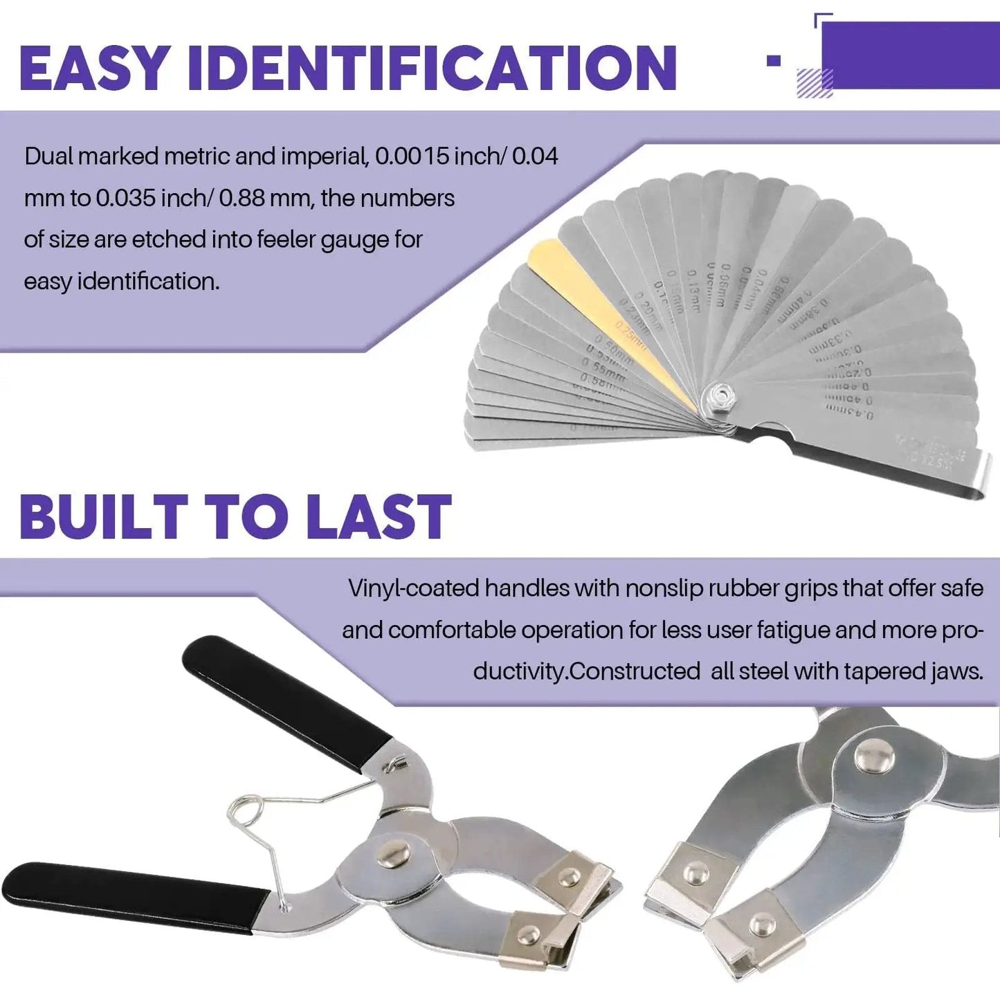 8Pcs Piston Ring Compressor Kit With Adjustable Installation Pliers And Wrench Pro Grade Includes 3 Inch 4 Inch And 6 Inch Compressors Stainless Steel Feeler Gauge Assortment showing pliers and feeler gauge