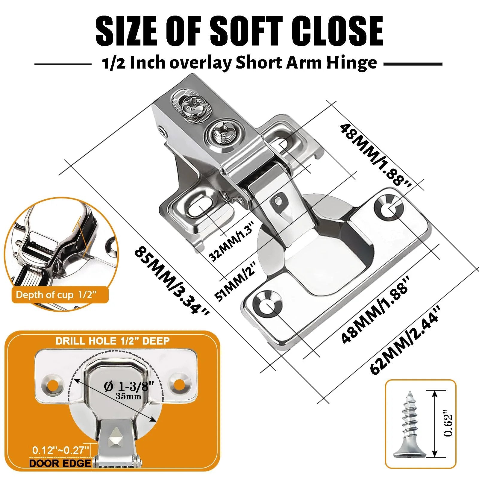 24 Pack Half Inch Overlay Soft Close Cabinet Hinges For Kitchen Cabinets With 100 Degree Opening Angle In Stainless Steel dimensions and features illustration