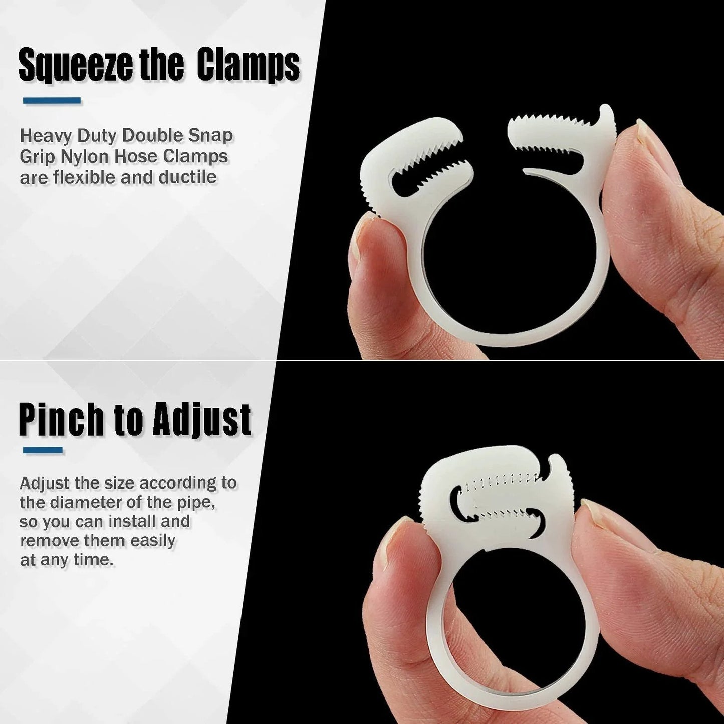 Close-up of hand adjusting a Twenty Piece Heavy Duty Double Snap Grip Nylon Hose Clamps Set With Ratcheting Adjustable Clamps, showing grip.