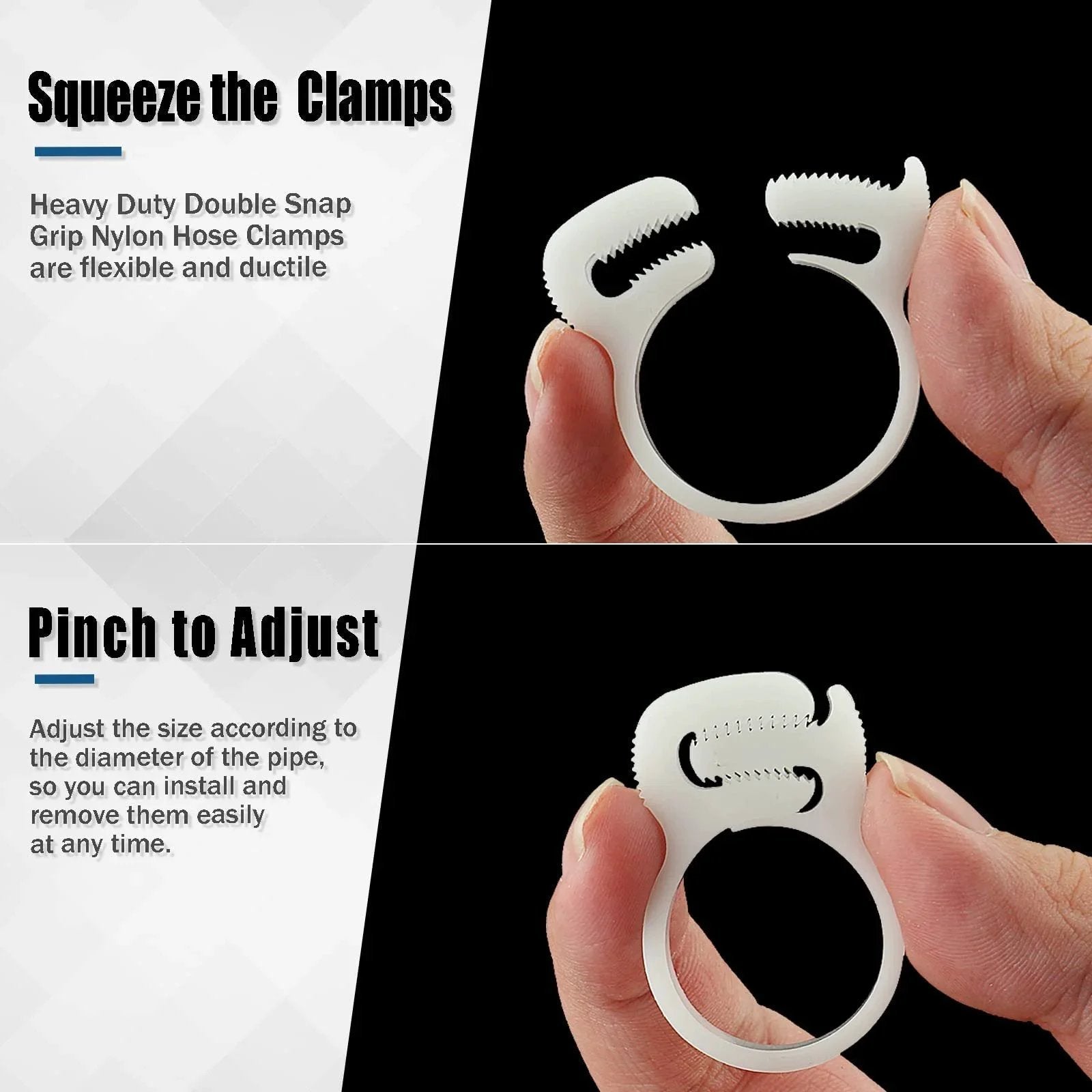 Close-up of hand adjusting a Twenty Piece Heavy Duty Double Snap Grip Nylon Hose Clamps Set With Ratcheting Adjustable Clamps, showing grip.