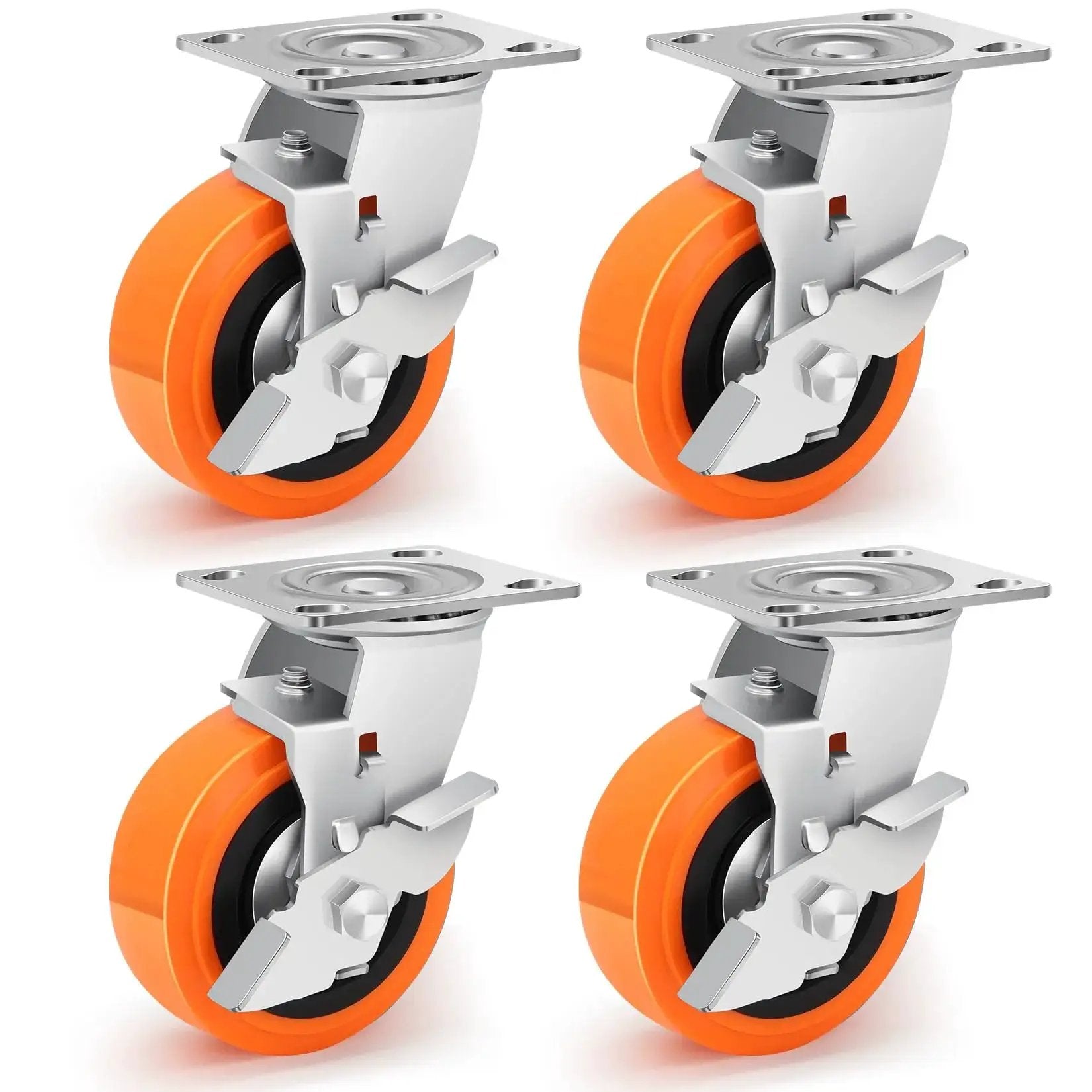 Heavy Duty Industrial Casters With Upgraded Thickened Bracket, 5 Inch Plate Swivel Caster Set Of 4, Polyurethane Wheels, Rust And Corrosion Resistant, Indoor Outdoor Use With Four Brakes