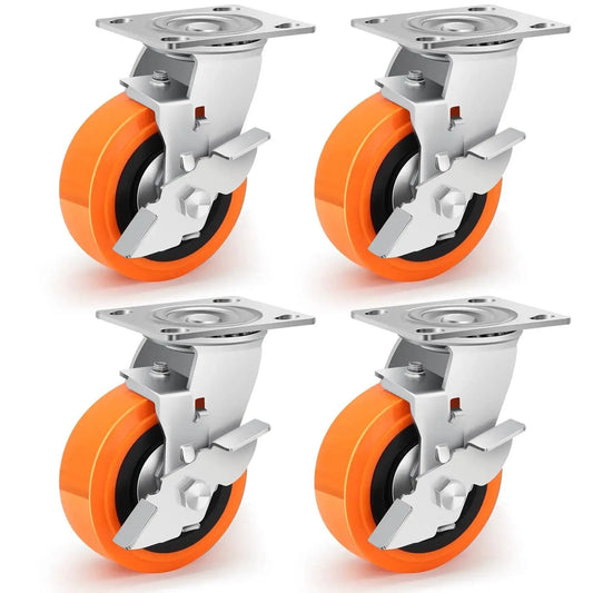 Heavy Duty Industrial Casters With Upgraded Thickened Bracket, 5 Inch Plate Swivel Caster Set Of 4, Polyurethane Wheels, Rust And Corrosion Resistant, Indoor Outdoor Use With Four Brakes