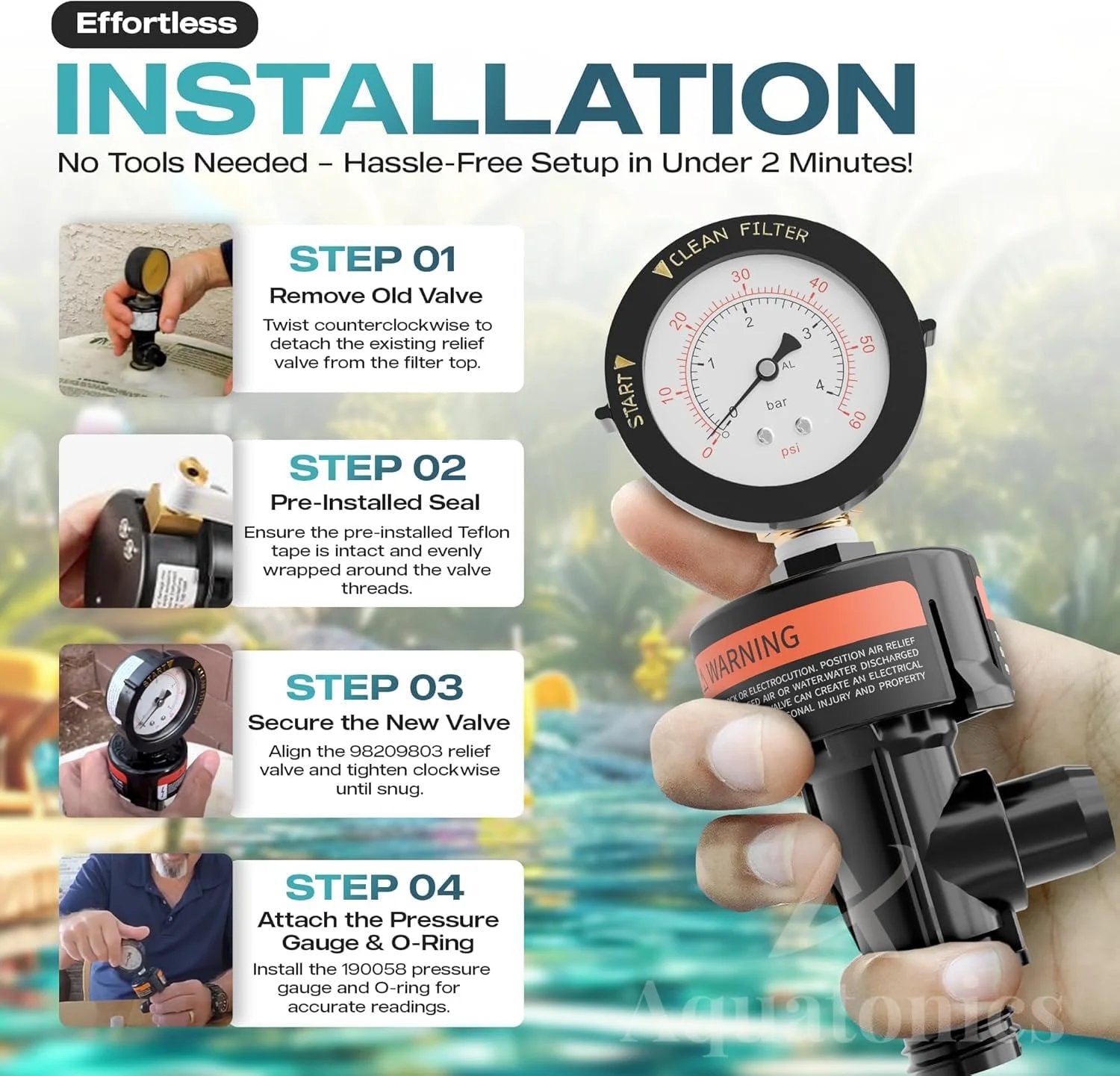 Step-by-step installation guide for Air Relief Valve Kit With Pressure Gauge For Pentair SMBW 2000 4000 Series FNS Filters High Flow 98209803 Replacement Includes 190058 Gauge Pre Installed Teflon Tape 1 Pack Compatible With Quad DE FNS FNS Plus