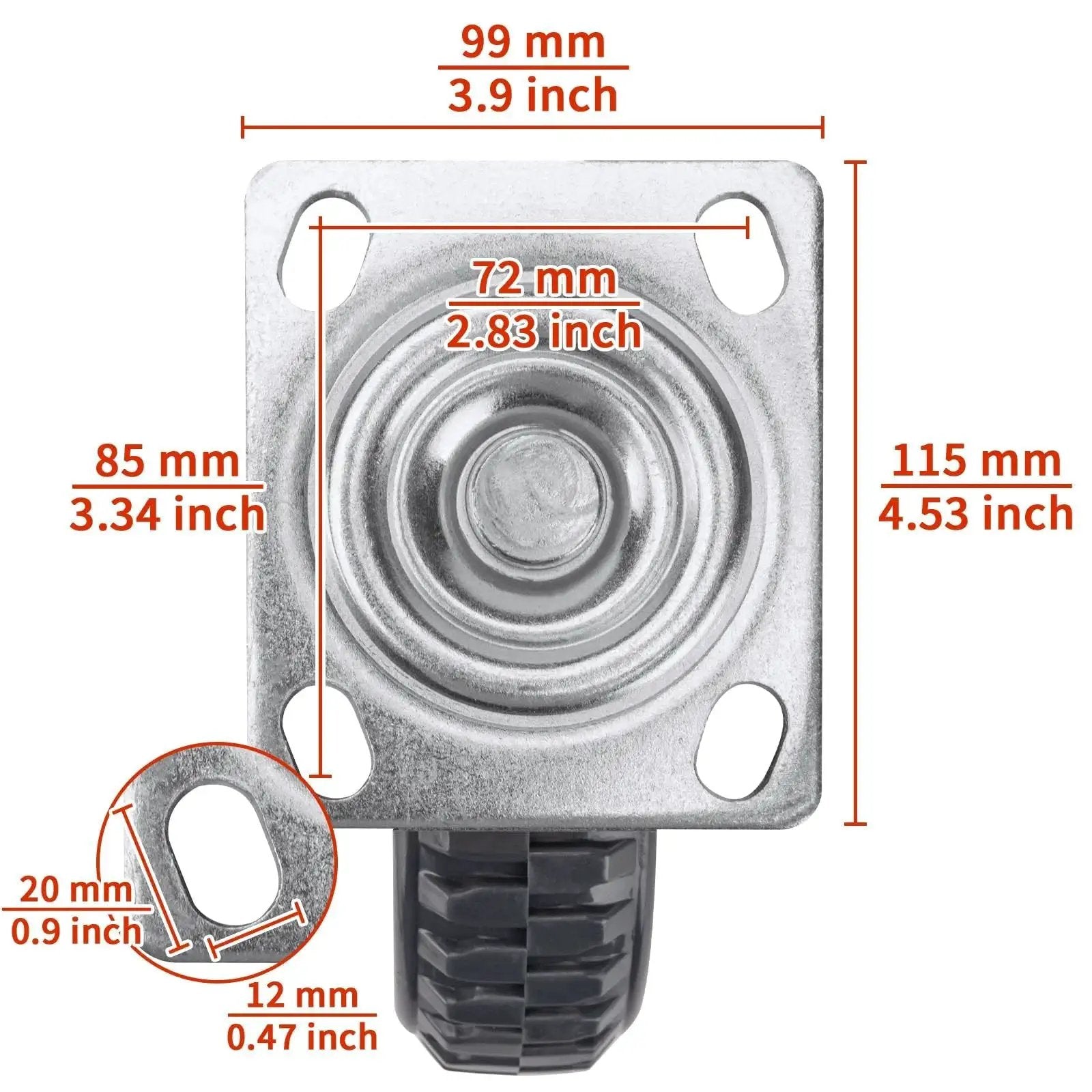 4 Pack 6 Inch Heavy Duty All 360 Degree Swivel Caster Wheels With 2 Brakes And 2 Non Brake Polyurethane Wheels 551 Lbs Per Wheel 1653 Lbs Total Load Capacity Plate Casters For Workbenches Carts And Furniture, close-up of base plate with measurements