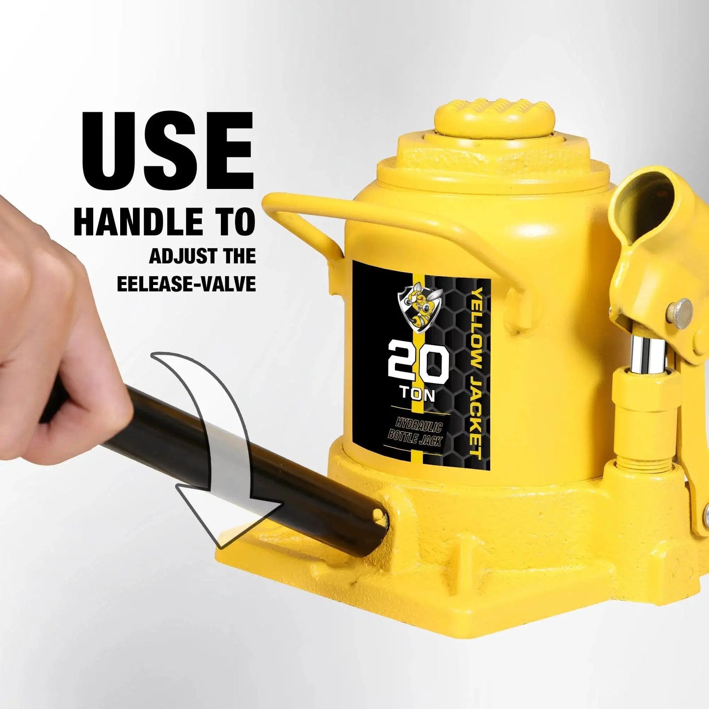 Close-up of 20 Ton Low Profile Bottle Jack for Heavy Duty Lifting Up to 40,000 Lbs with handle adjusting release valve.