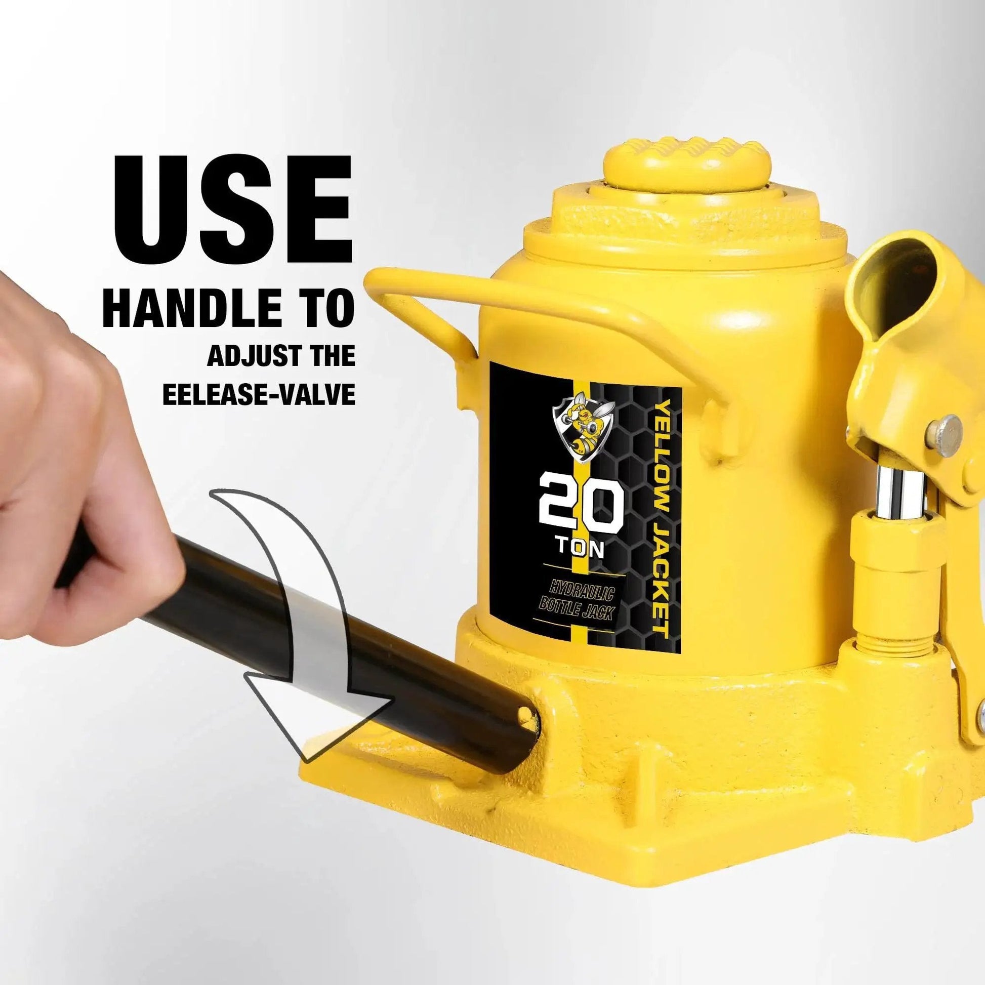 Close-up of 20 Ton Low Profile Bottle Jack for Heavy Duty Lifting Up to 40,000 Lbs with handle adjusting release valve.