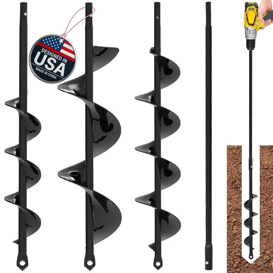 Auger Drill Bit Set for Planting Three Pack with Extension Three Eighths Inch Hex Drive Spiral Hole Planter shown with drill.