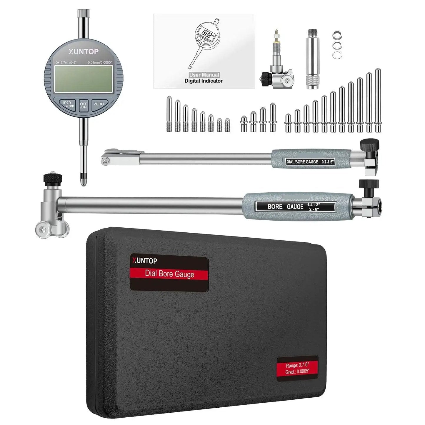 Ultra Precision Digital Bore Gauge Set With 0.0005 Inch Resolution For 0.7 To 6 Inch Bore And 5 To 6 Inch Depth Includes 23 Anvils And 2 Measuring Rods For Machining CNC Automotive Engine Cylinders And Hydraulic Components XUNTOP