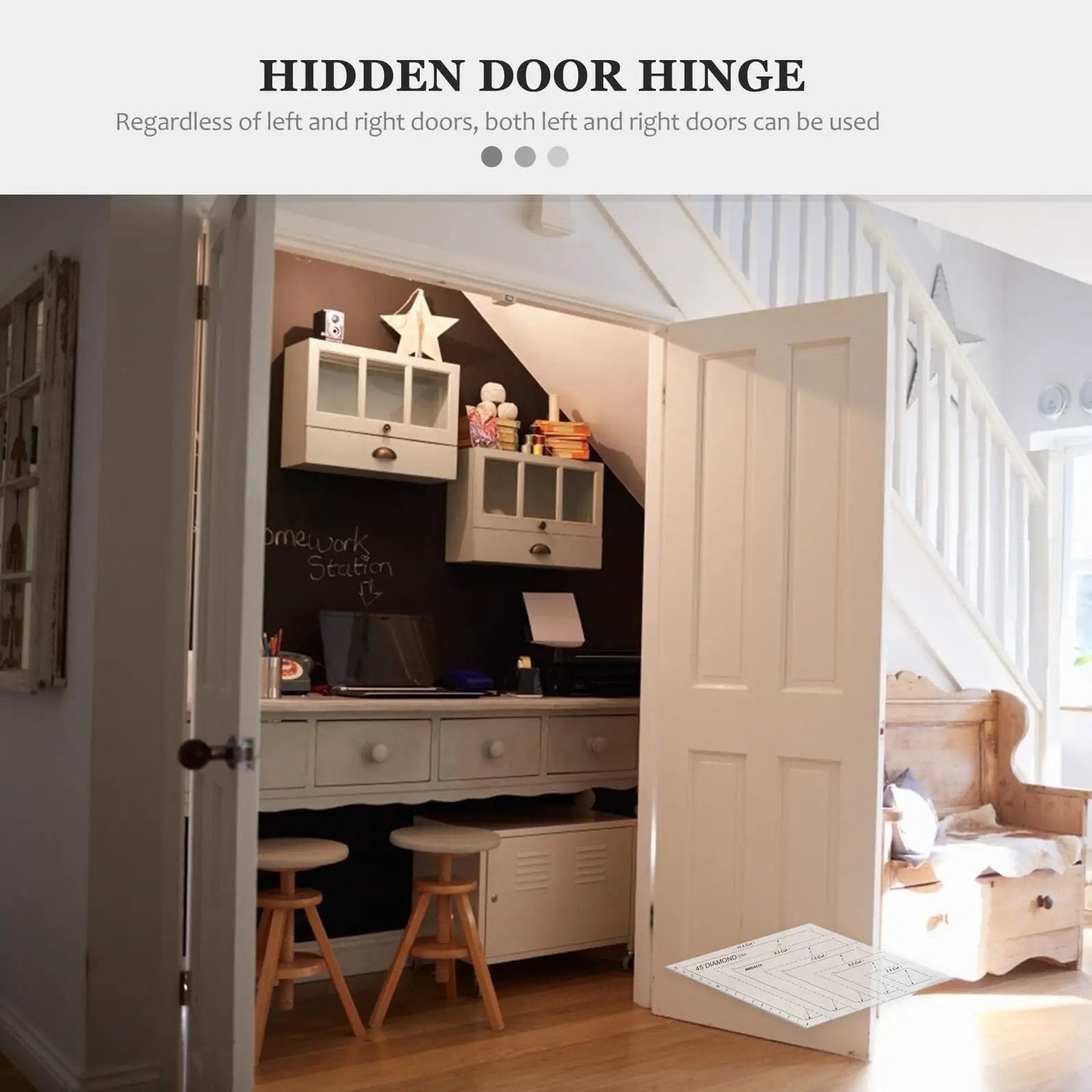 Room with open door showing concealed hinge setup, illustrating Heavy Duty Metal Invisible Door Hinge 180 Degree Concealed Cross Swing For Wooden Doors Load Bearing Up To 40kg Black Titanium Finish Adjustable Replacement Hinge With Anti Pinch Quiet Operation installed in a home setting.