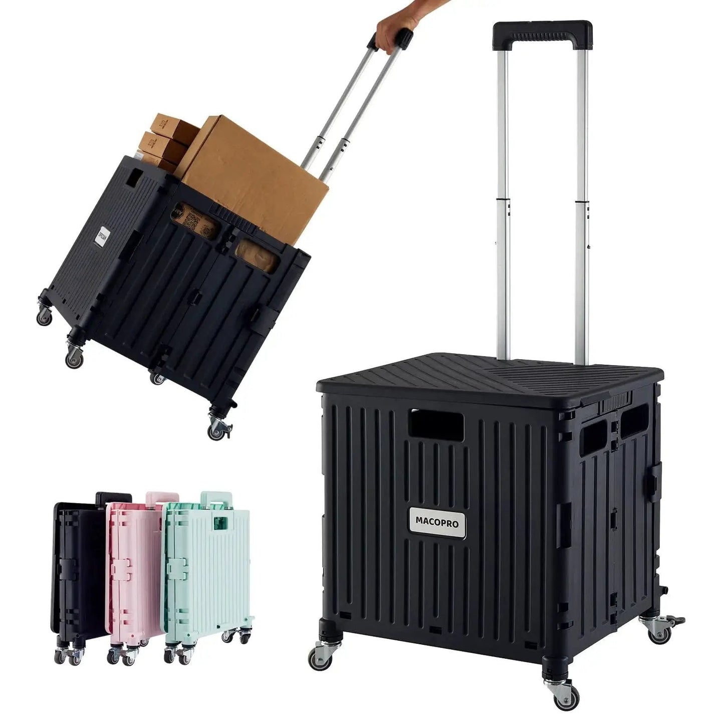 Folding Utility Cart With Lid And Basket On Four 360 Degree Rotating Wheels Portable Rolling Handcart, black, extended handle