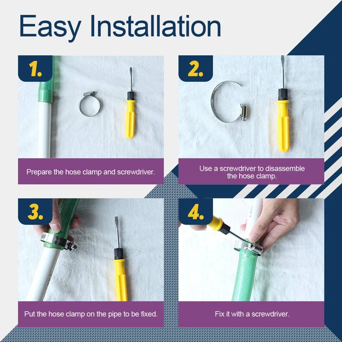Installation steps for 8 Pack Hose Clamps 9 To 10 Inch 304 Stainless Steel Worm Gear Adjustable Clamp with corrosion-resistant zinc plating.