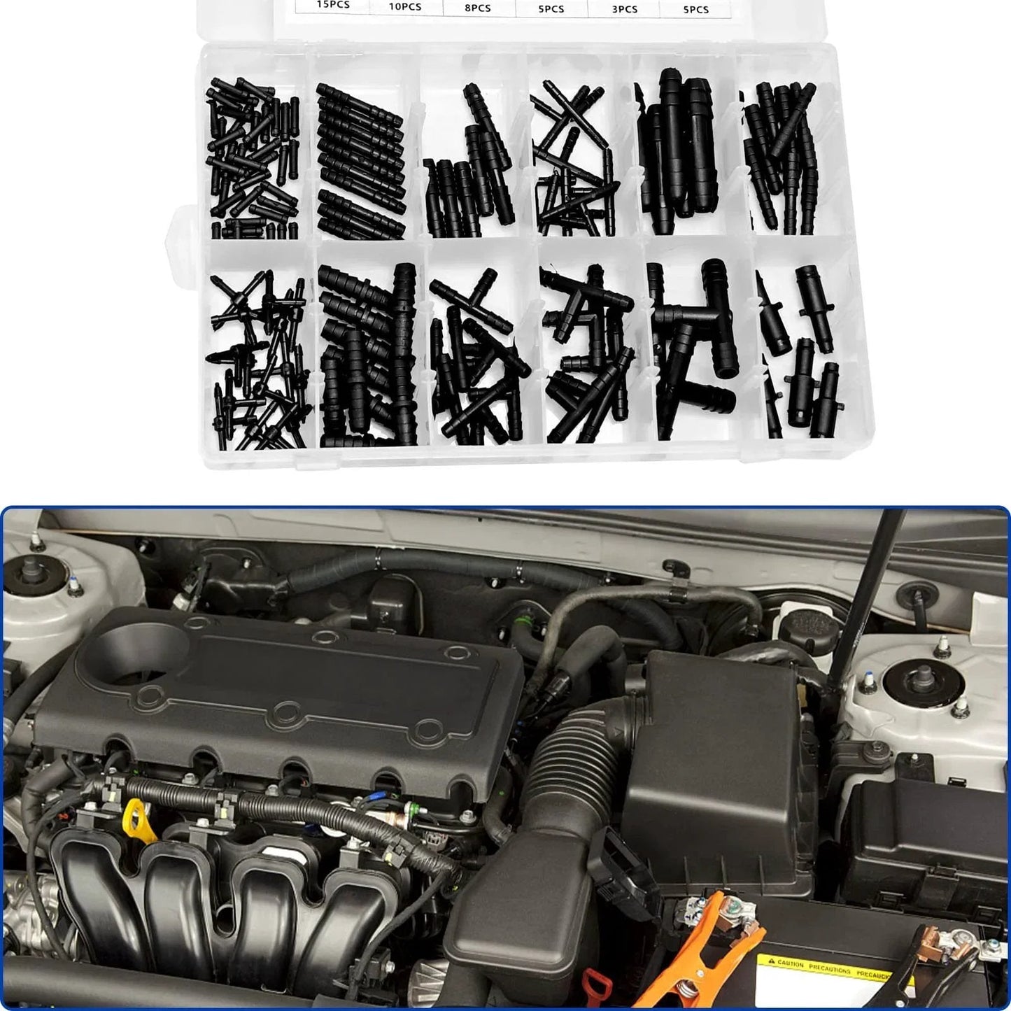 All In One Vacuum Hose Connector Kit for Automotive Tools, 128 Piece Nylon Tee And Barbed Quick Connect Fittings in 12 Sizes