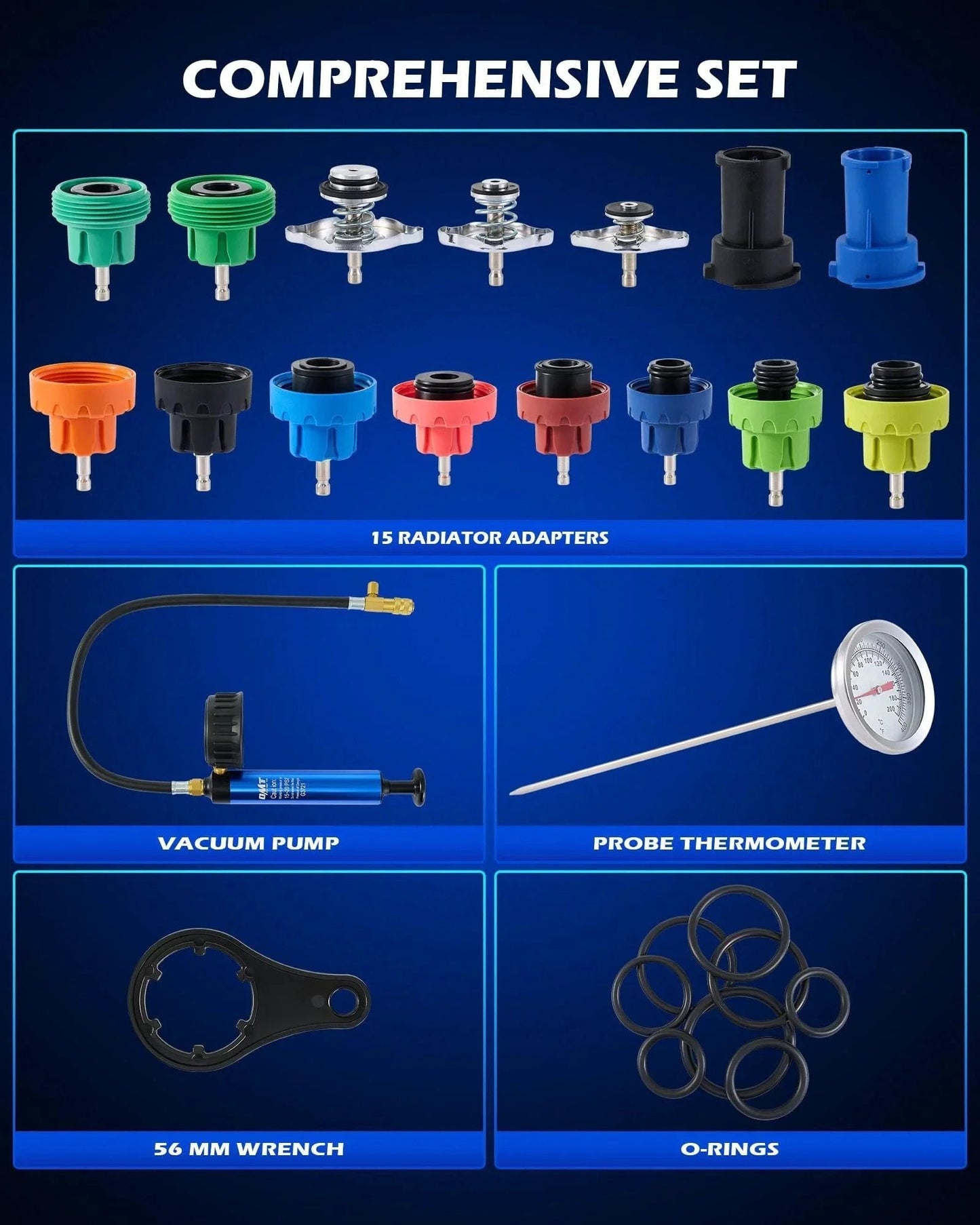 Complete 19 Piece All In One Coolant Pressure Tester Kit With 15 Adapters, Vacuum Pump, Probe Thermometer And Wrench For Easy Radiator Pressure And Cooling System Leak Testing Across Most Cars Orion Motor Tech.