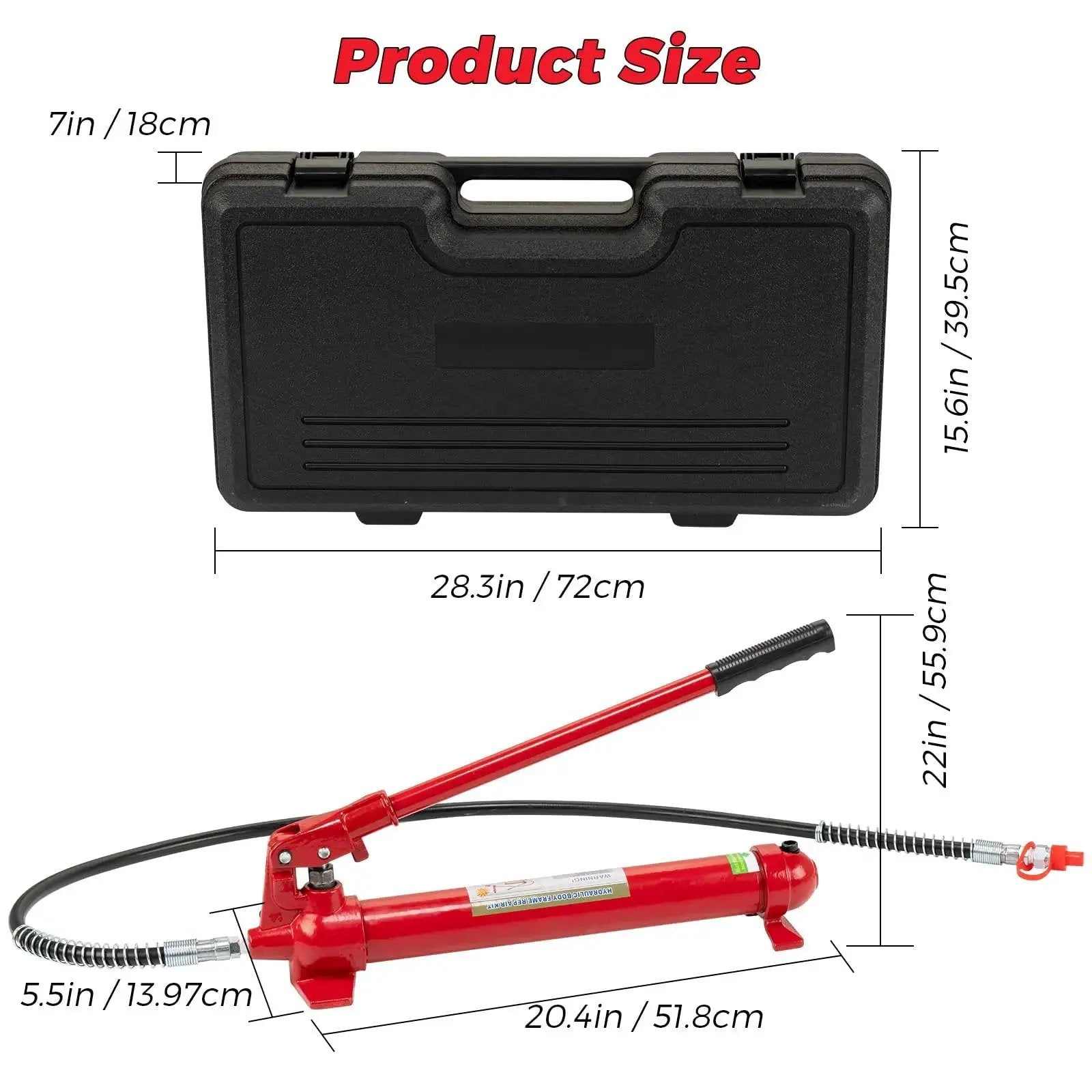 12 Ton Hydraulic Jack Kit With 55 Inch Hose For Heavy Duty Vehicle Frame Repair, with black carrying case and dimensions shown.