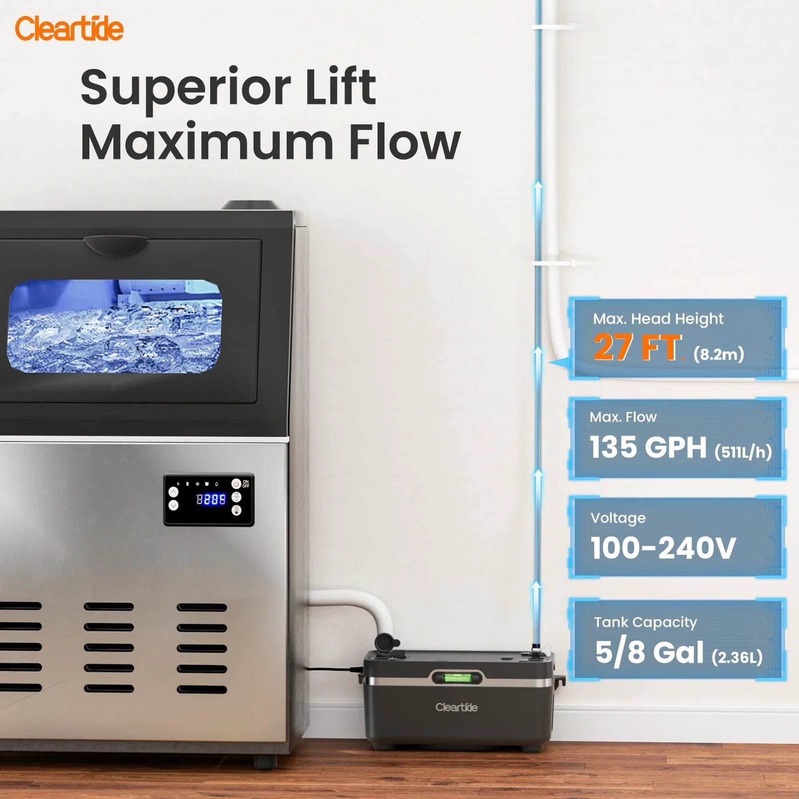 Super Quiet Condensate Pump For HVAC Systems With Safety Switch, 1/30 HP, shown installed next to an ice machine, 135 GPH.