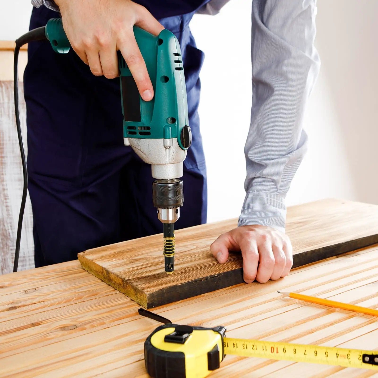 Person using drill with Self Centering Hinge Drill Bit Set 3 Pc With 5mm And One Quarter Inch Hex Shank Bits For Wood And Plastic Reaming