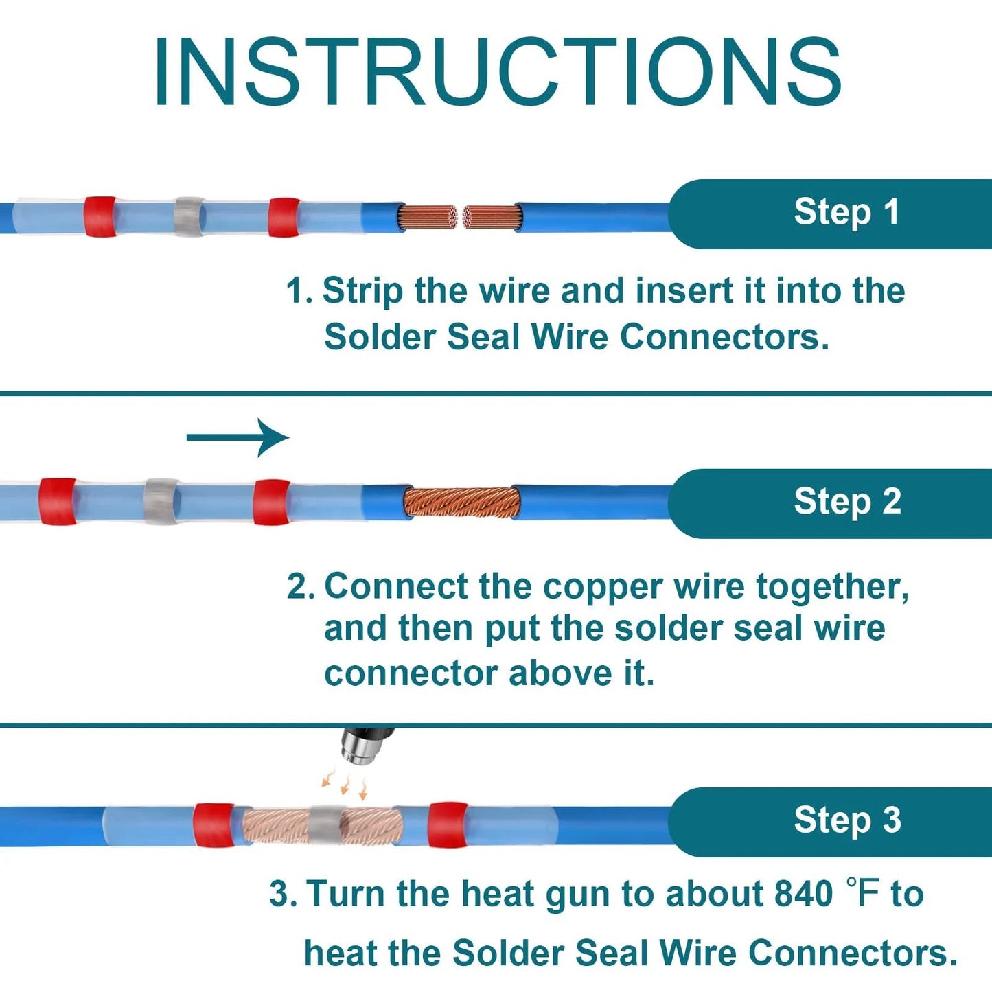 Step-by-step guide using Solder Seal Wire Connectors Kit With Heat Shrink Waterproof Butt Connectors For 26-24 AWG Cables, 120Pcs.