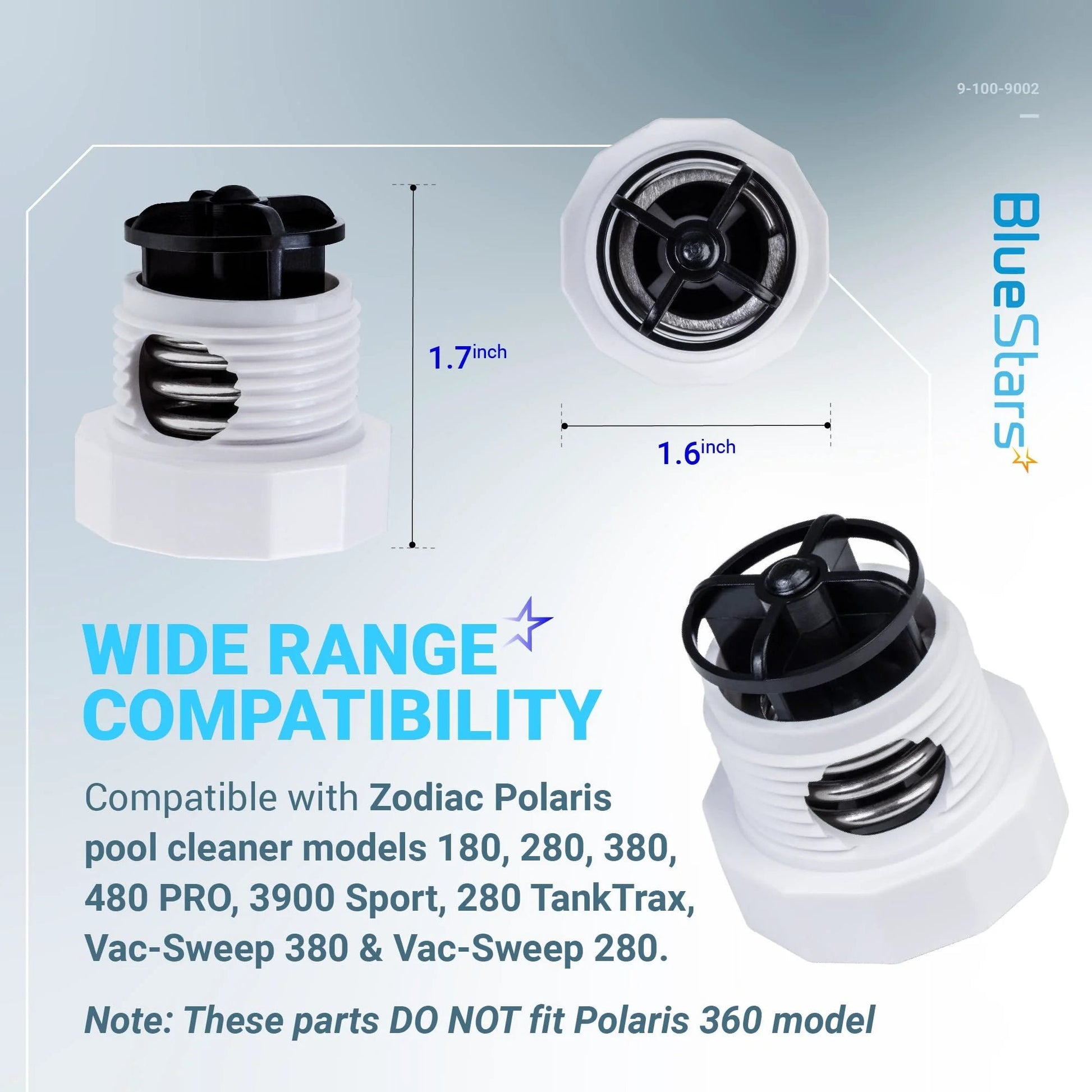 Pressure Relief Valve Replacement Kit For Polaris Automatic Pool Cleaners 180 280 380 Pack Of 2 BlueStars 9-100-9002 UWF Connector Leak Repair And Flow Adjustment Solution, showing three pressure relief valve parts with compatibility details and dimensions.