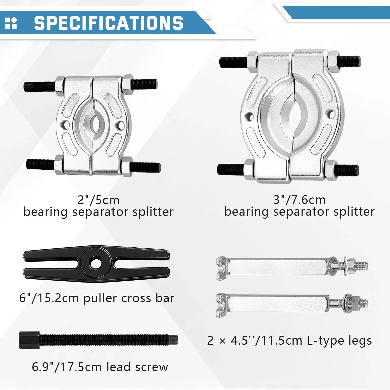 Specifications display showing 14 Piece Bearing Separator Puller Set 2 Inch And 3 Inch Heavy Duty 5 Ton Bearing Puller Kit components.