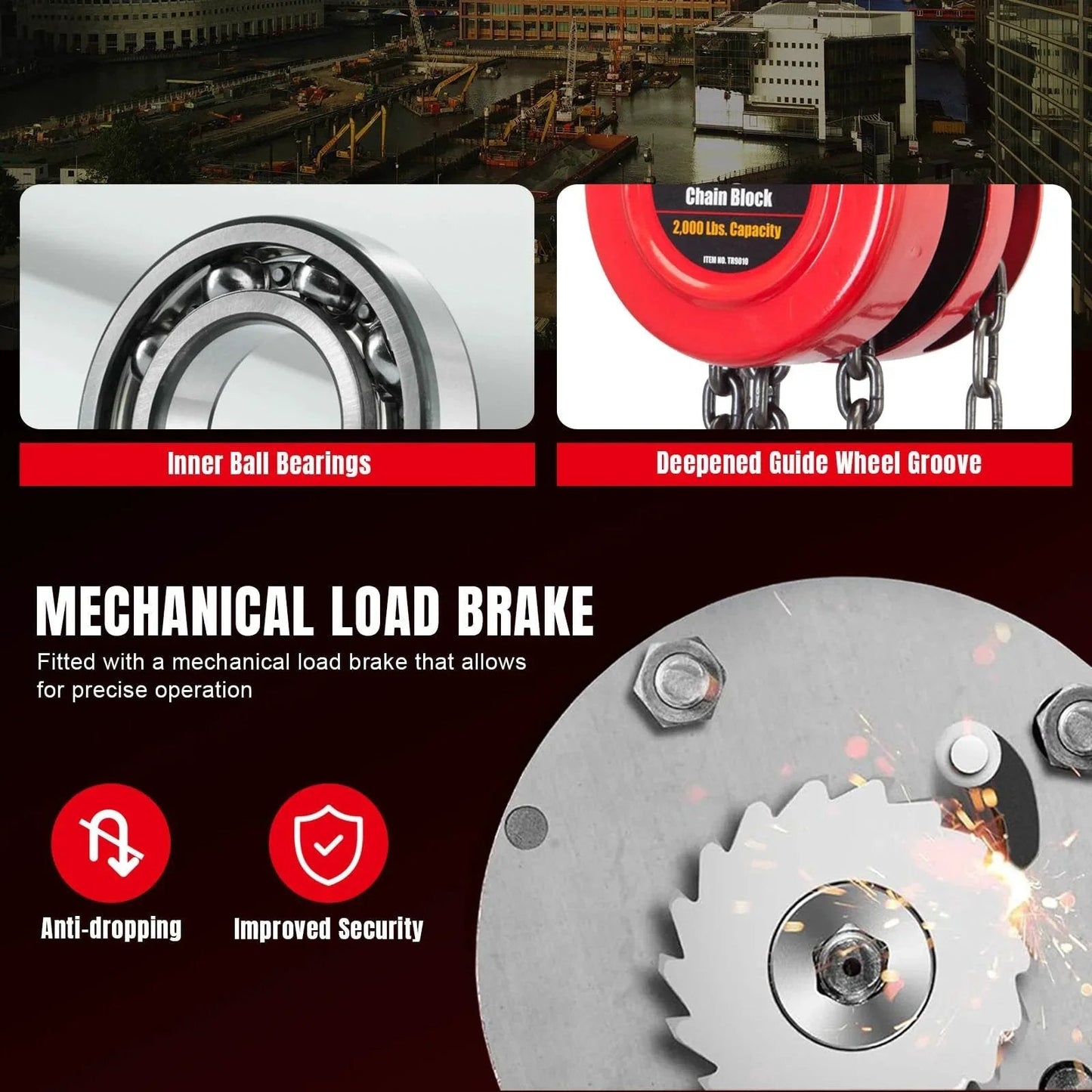 Inner ball bearings and deepened guide wheel groove on 1 Ton Hand Chain Hoist With 8ft Lift, Mechanical Load Brake for precise operation.