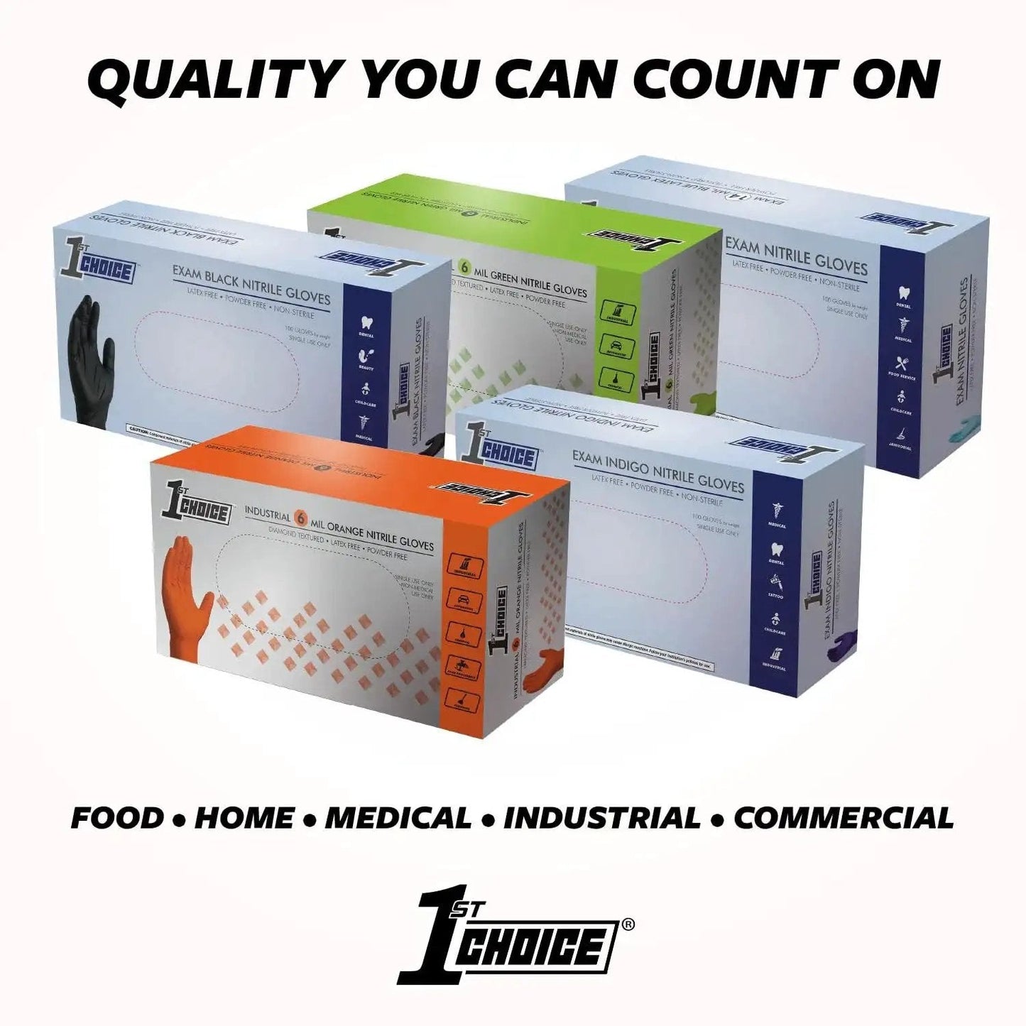 Various boxed nitrile gloves including XXL Black Nitrile Gloves 5 Mil Food Grade Latex Free Powder Free Case Of 1000.