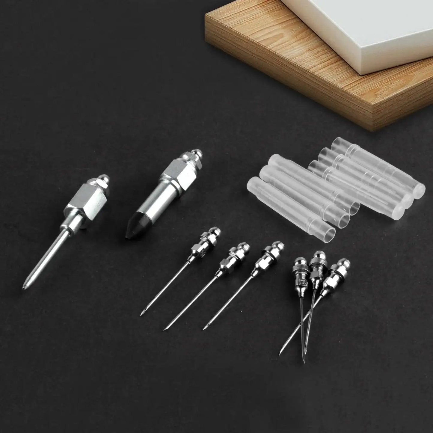 Grease Gun Needle Accessory Set Eight Pieces Including Six Injector Needles One Needle Dispenser And One Nipple Adapter For Sealed Joints