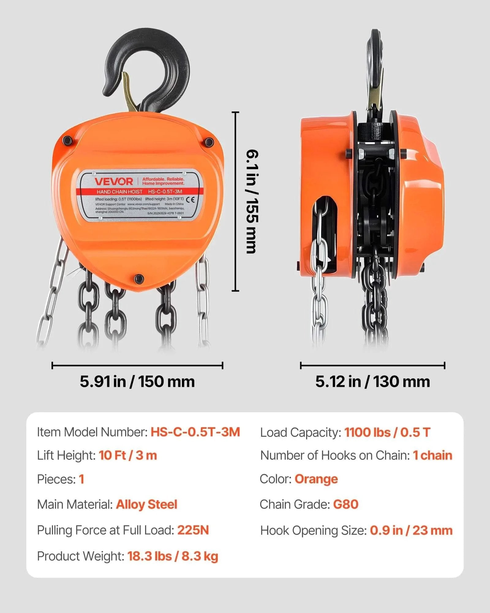 Front and side view of Hand Chain Hoist 1100 Lb Capacity Half Ton With 10 Ft Lift Galvanized G80 Chain Heavy Duty Pulley Hoist, orange color