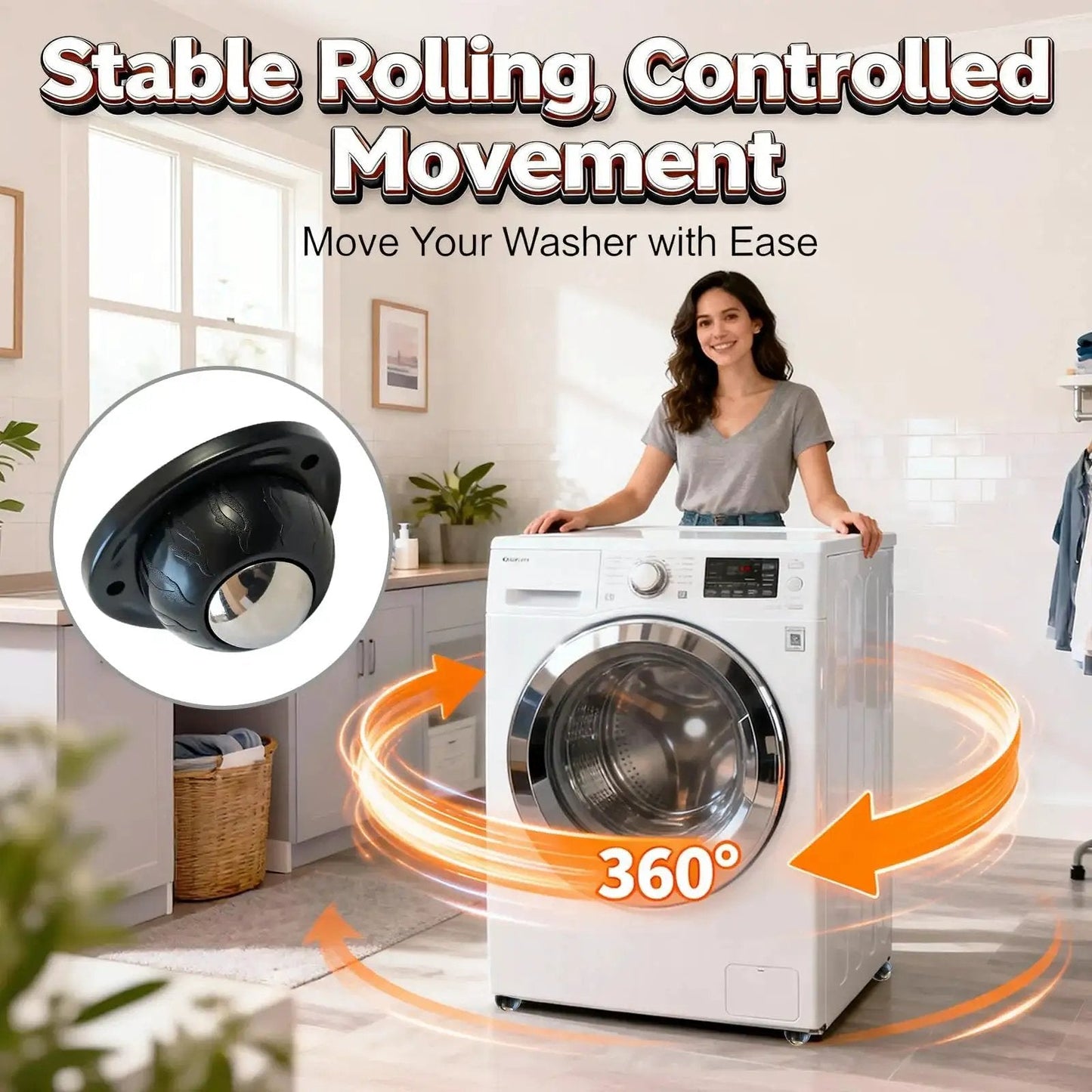 Black Stainless Steel Self Adhesive Caster Wheels 4 Pack Large Profile Swivel Ball Casters installed on washing machine for easy movement