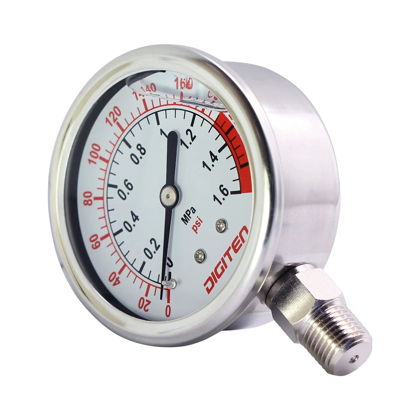 Water Pressure Gauge for Reverse Osmosis System, 0 to 1.6 MPa (0 to 220 psi), Two Inch Dial, Stainless Steel, One Quarter Inch Quick Connect