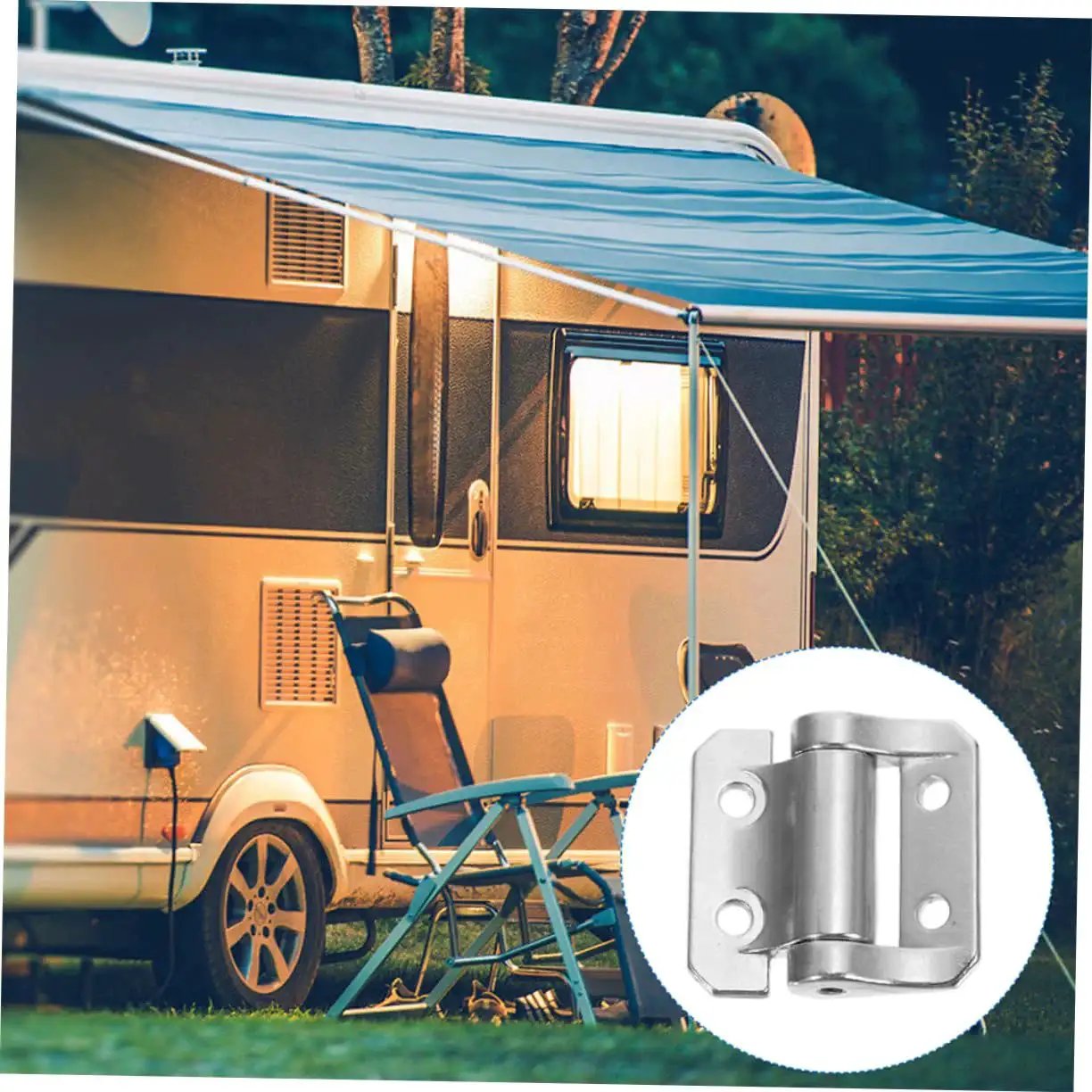 Corner Cabinet Hinge With Soft Close Function for kitchen cabinets, shown in a close-up view next to a camper.