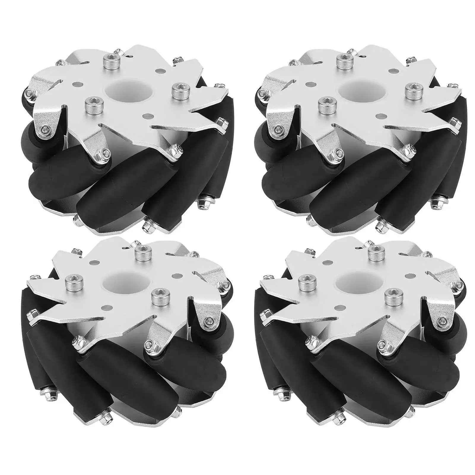 Mecanum Wheel Set Four 100mm Durable Steel Aluminum Frame Mecanum Wheels With Grippy Rubber Rollers For Robot Cars And RC Cars