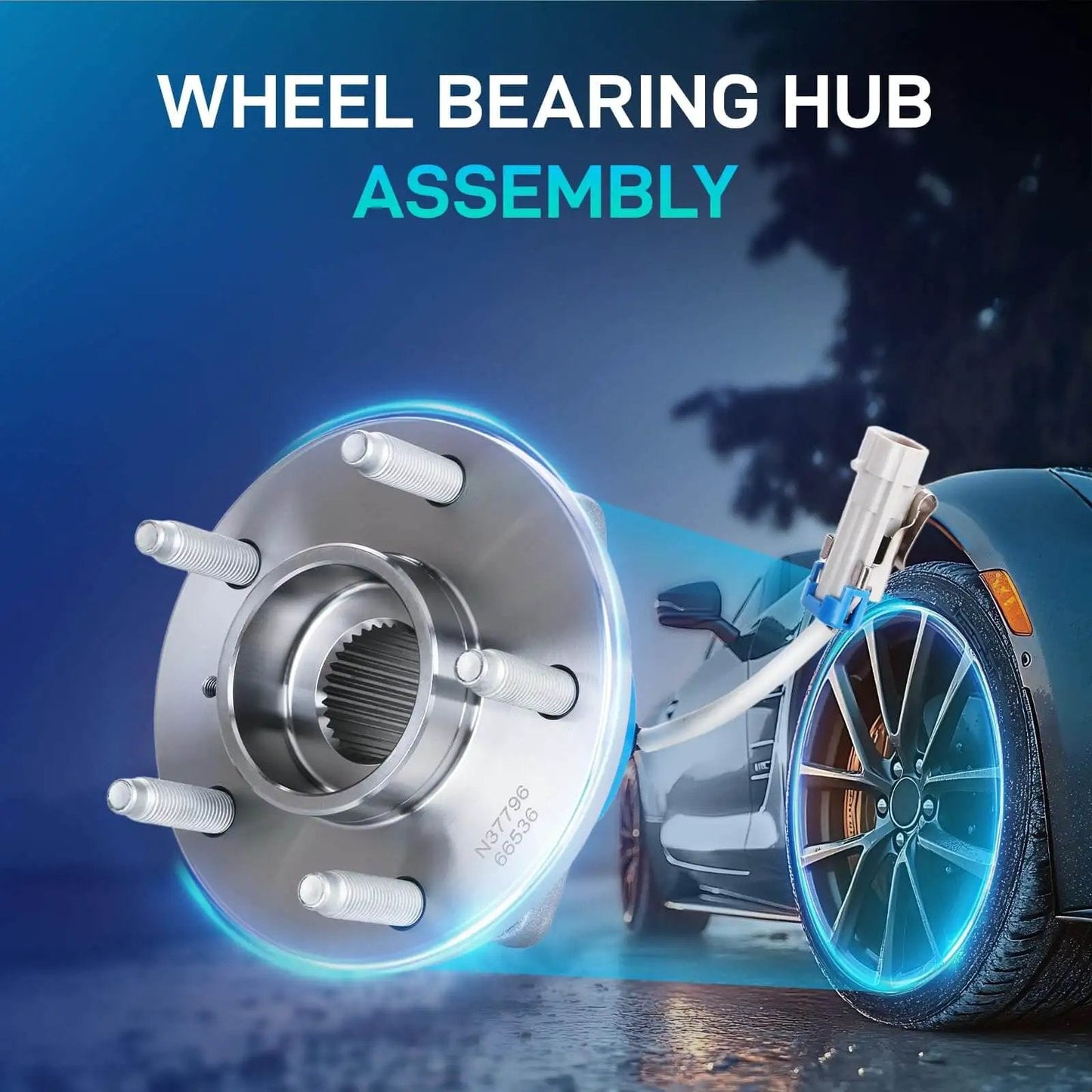 Front wheel hub bearing assembly 2-pack for Chevy Impala 2000-2011, Uplander; Pontiac with digital overlay on car wheel