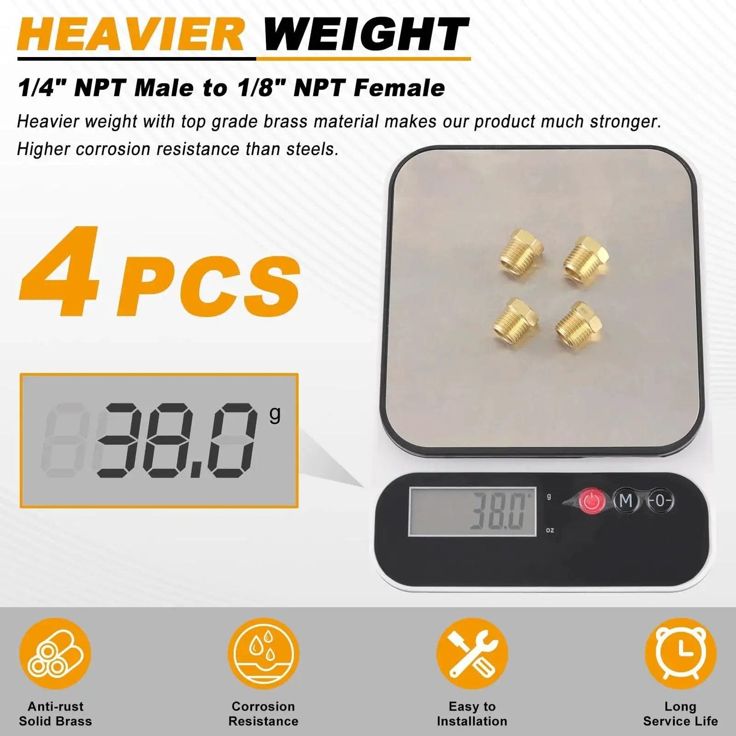 Heavy Duty 4 Piece Pro Grade Brass Reducer Hex Bushing Set 1/4 NPT Male To 1/8 NPT Female, shown on scale weighing 38g