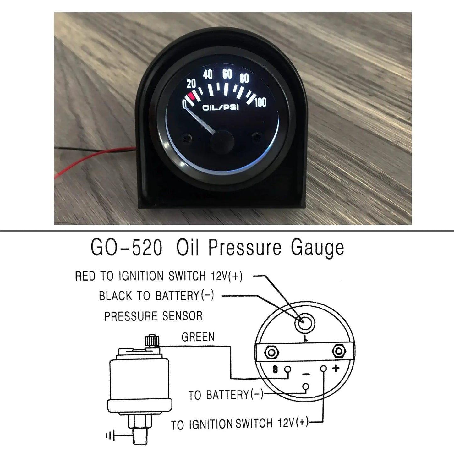 Front view of Pro Grade 52mm Oil Pressure Gauge Kit with sensor for cars, showing 0-100 PSI range on black dial, installation diagram below.