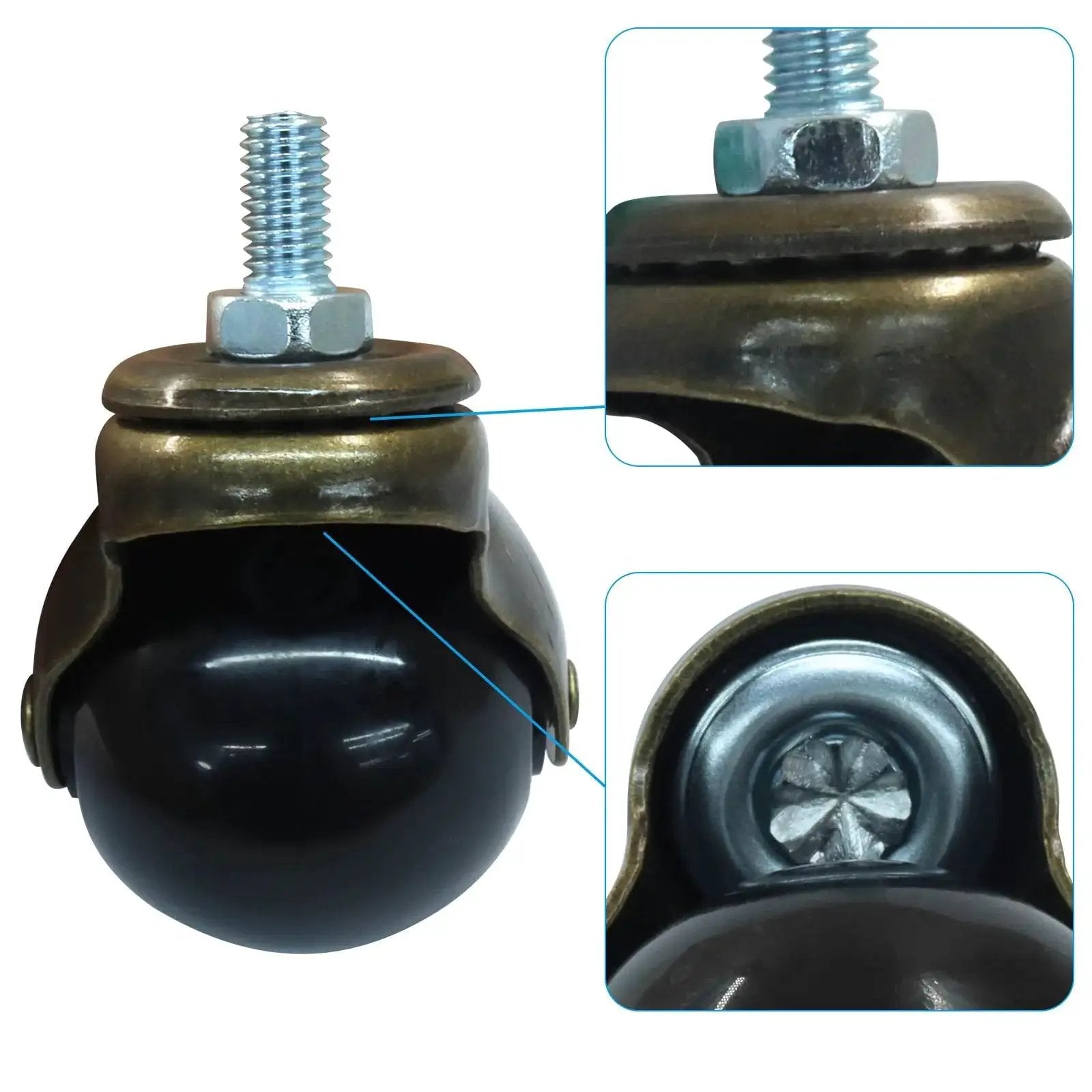 2 Inch Ball Caster Wheels Set Of 4 With Threaded Stem 360 Degree Swivel Furniture Casters close-up showing bronze finish
