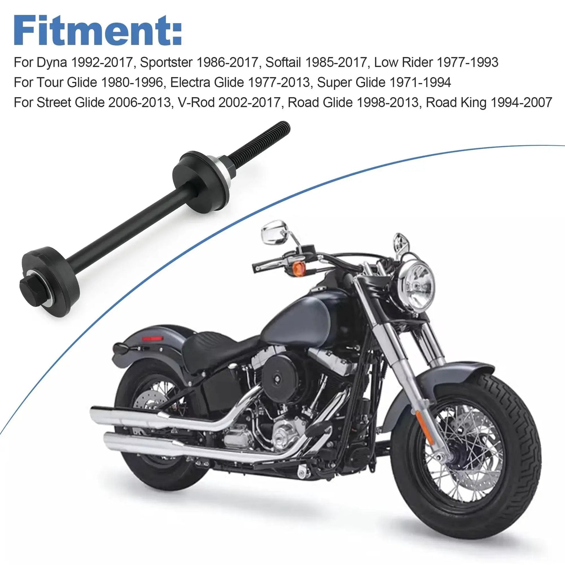 Steering Head Cup And Stem Bearing Race Installer Tool For Big Twin Dyna Sportster Softail Low Rider Tour Glide Electra Glide Models 1960 Through 2017 next to a motorcycle