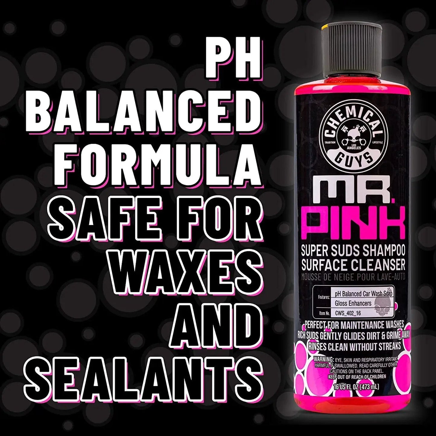 Mr Pink Foaming Car Wash Soap for Foam Cannons and Buckets, Safe for Cars Trucks Motorcycles RVs, Candy Scent, 473 ml by Chemical Guys, bottle front view.