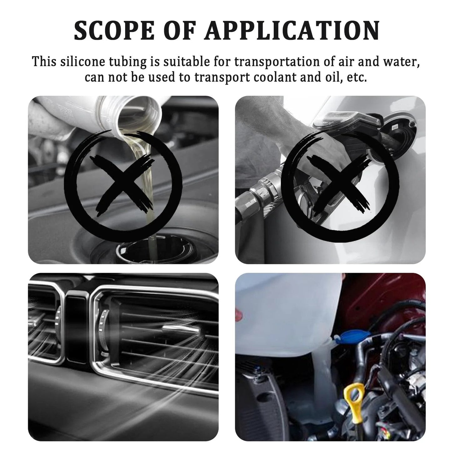 Diagram showing use and restrictions of Six Piece 4.9 Ft Silicone Vacuum Hose Kit With Tube Cutter For Automotive Air And Water Lines