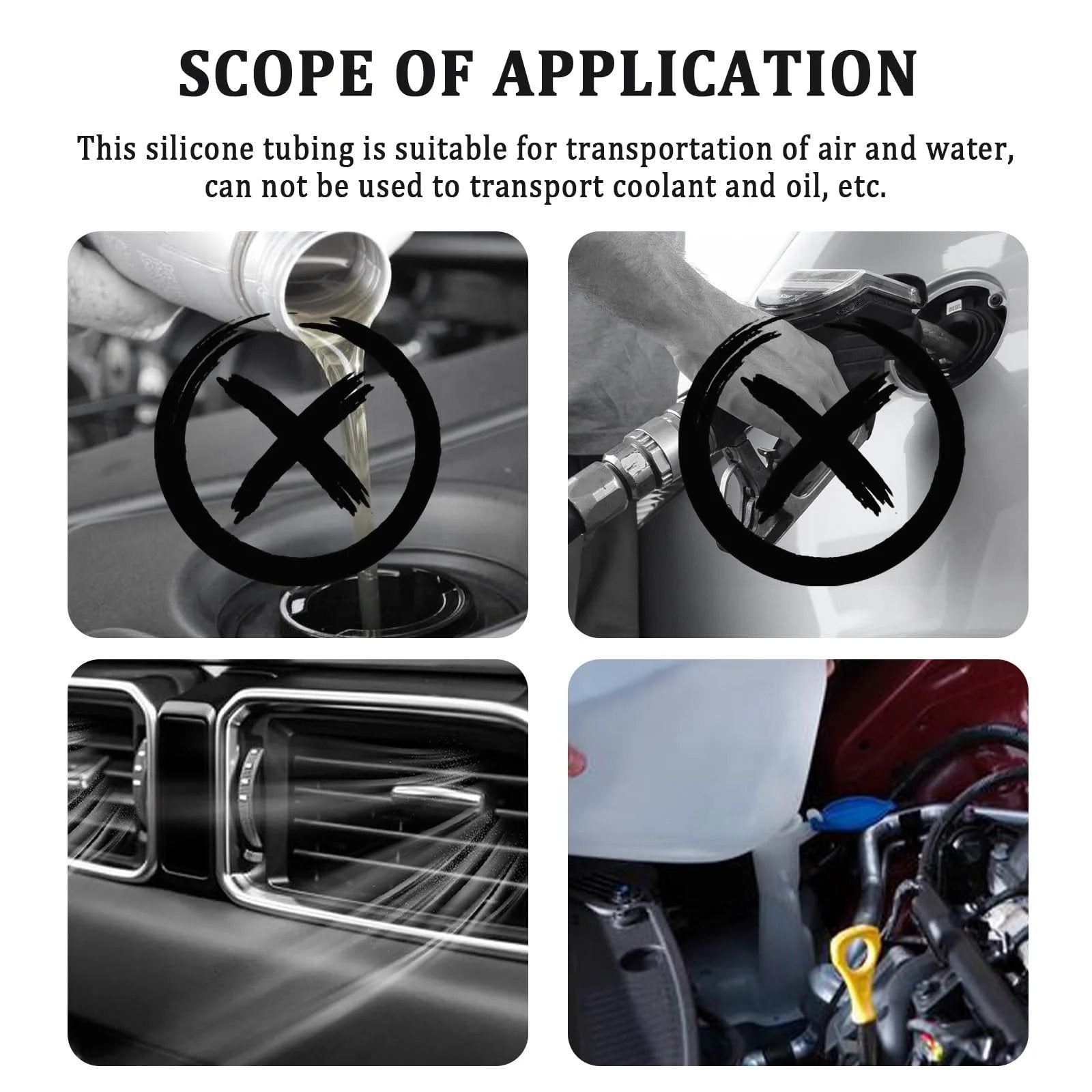 Diagram showing use and restrictions of Six Piece 4.9 Ft Silicone Vacuum Hose Kit With Tube Cutter For Automotive Air And Water Lines