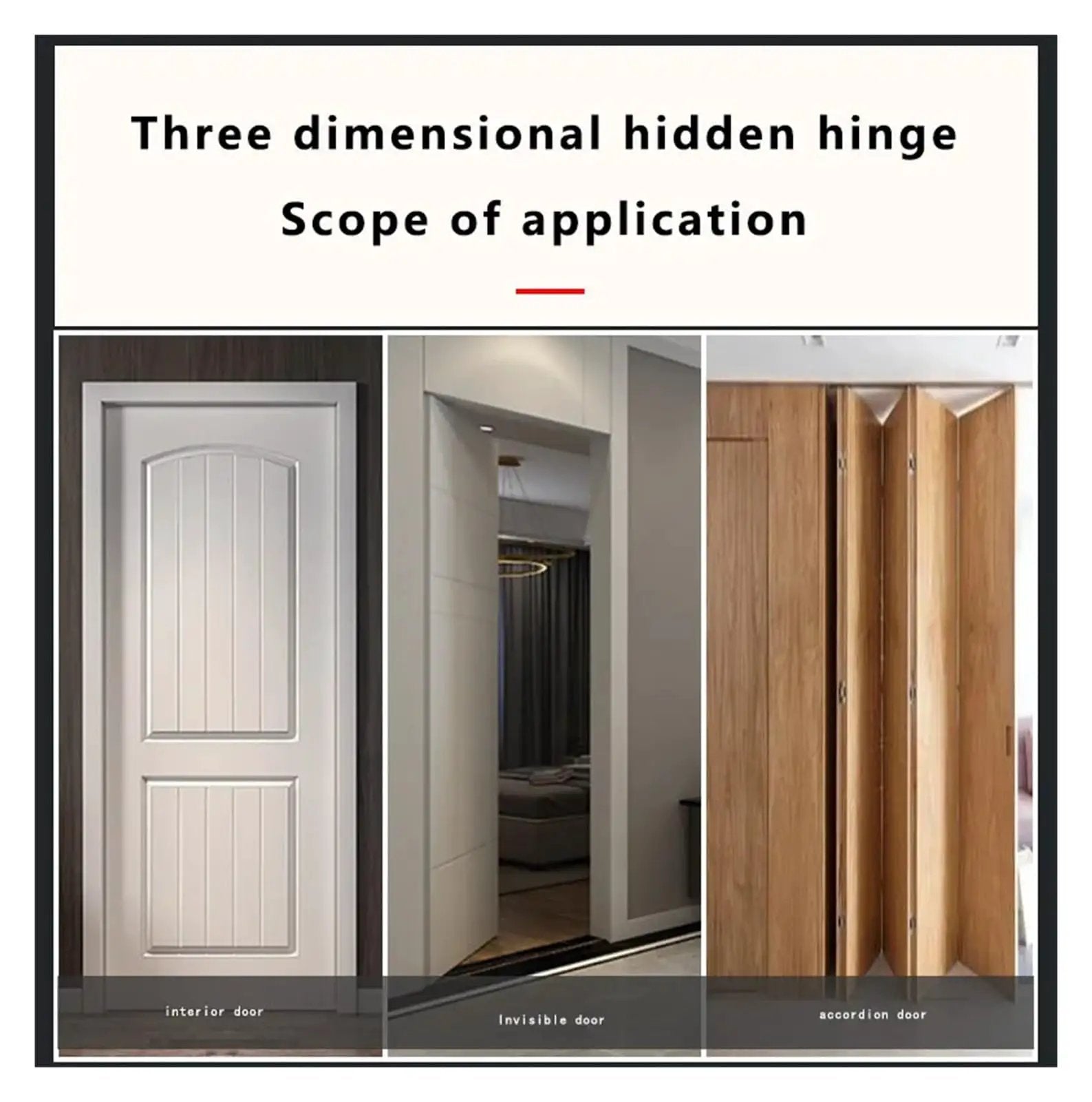 Three door styles using Black Invisible Door Hinge 180 Degree Hidden Folding Hinge With Three Dimensional Adjustable Design