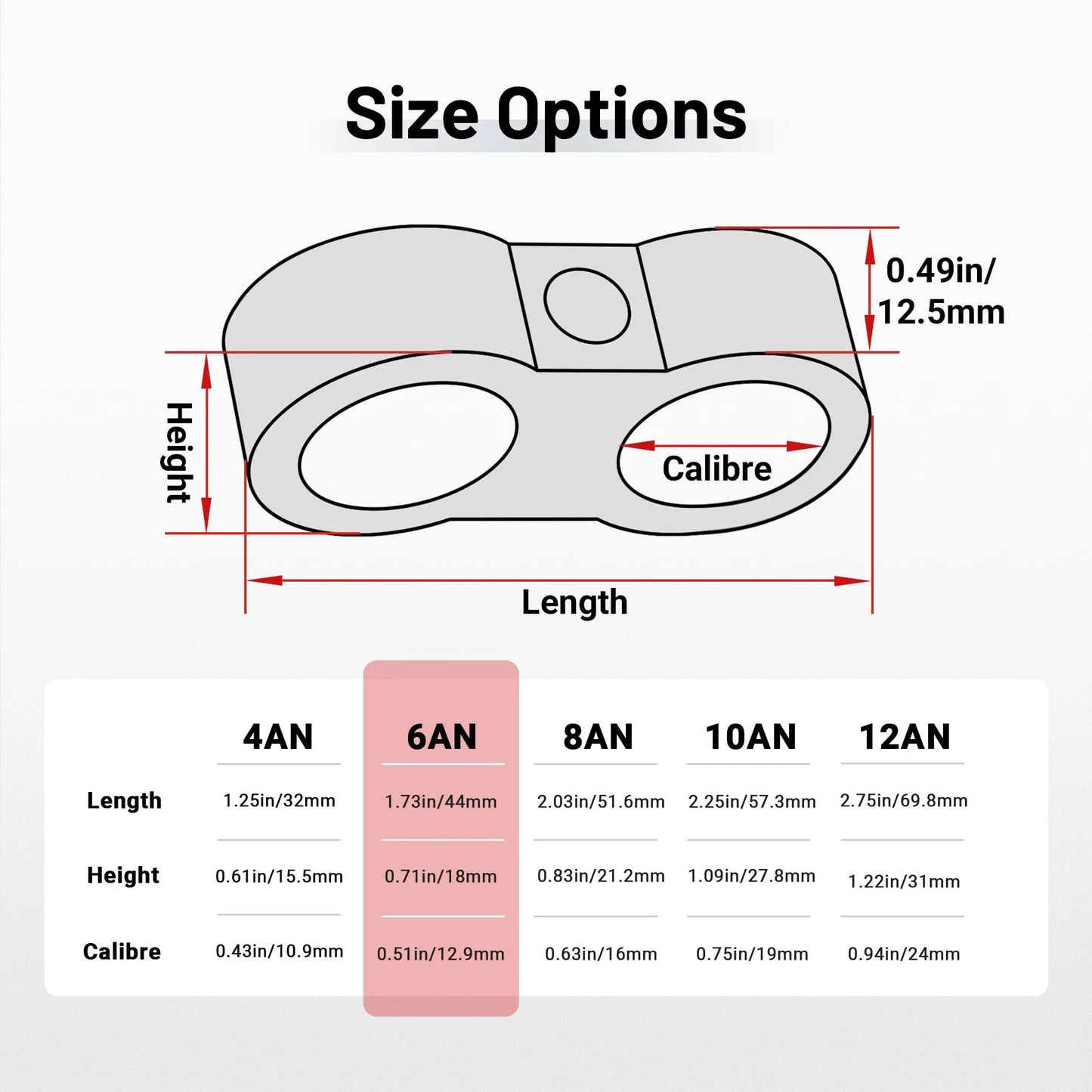 Diagram showing size options for 6AN Hose Separator Clamp Set For AN6 Fuel Lines Aluminum Black 6061-T6 Mounting Clips with measurements
