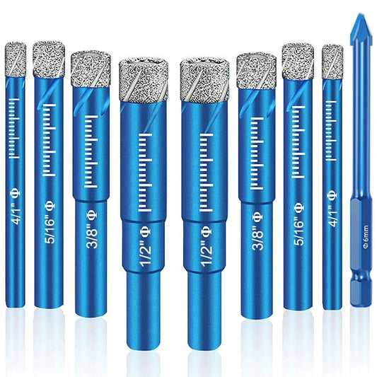9-Piece Premium Diamond Drill Bit Set for Precision Drilling in Porcelain, Ceramic, Glass, and Marble, Blue Multi Tool Kit