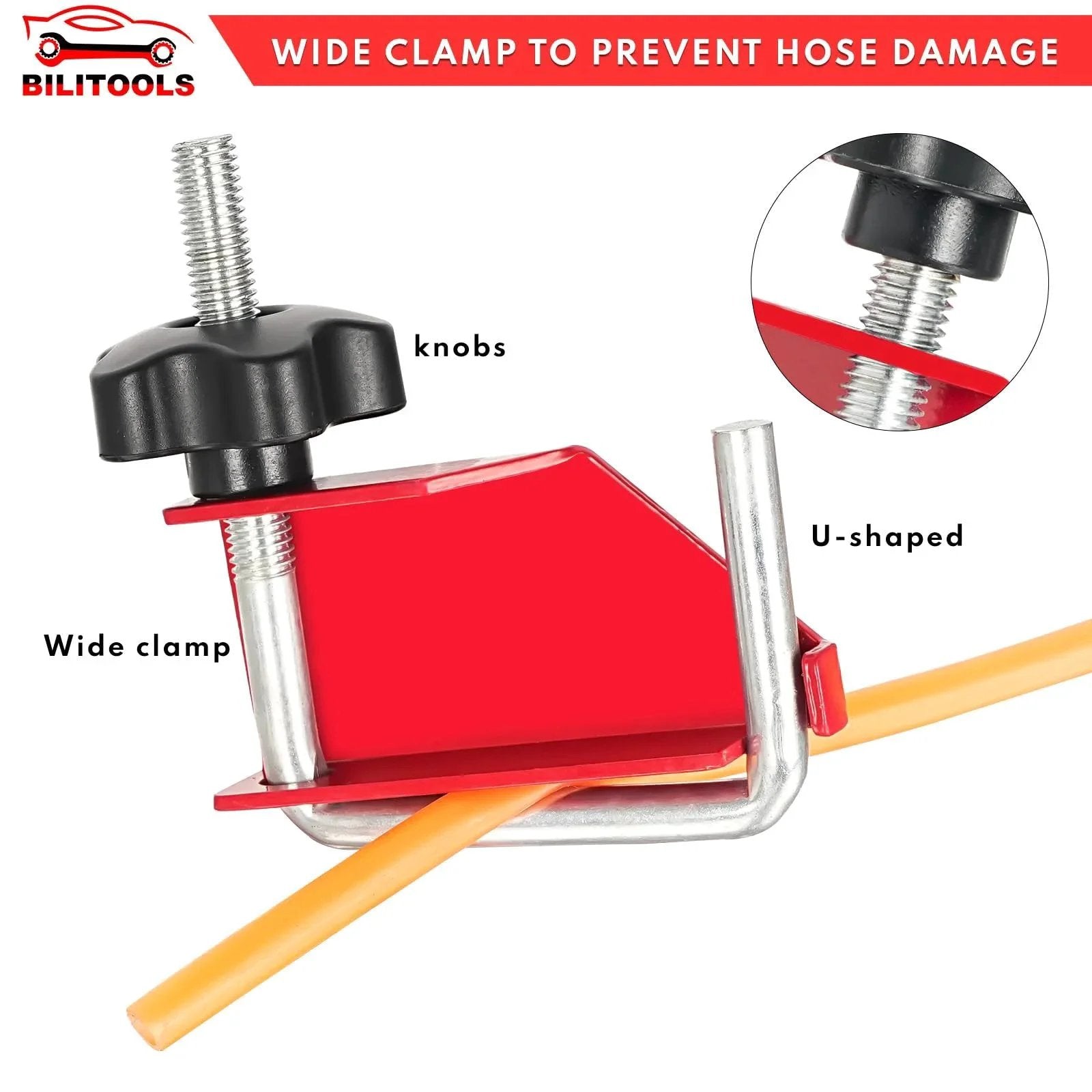 Four Piece Hose Pinch Off Pliers Set for Fuel Line Coolant Radiator Brake Hoses Clamp Tool showing red clamp in use