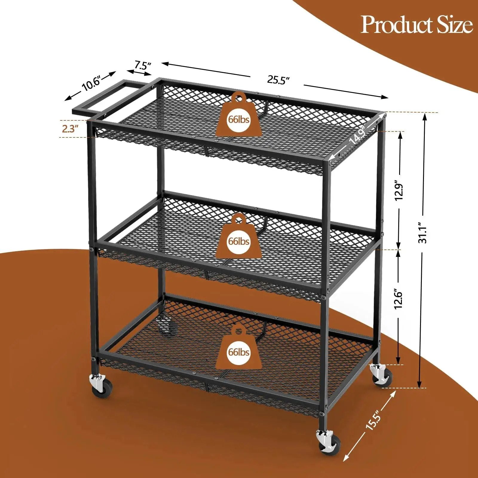 Three Tier Rolling Utility Kitchen Cart With Heavy Duty Metal Construction And Wire Shelves On Wheels, dimensions and weight capacity