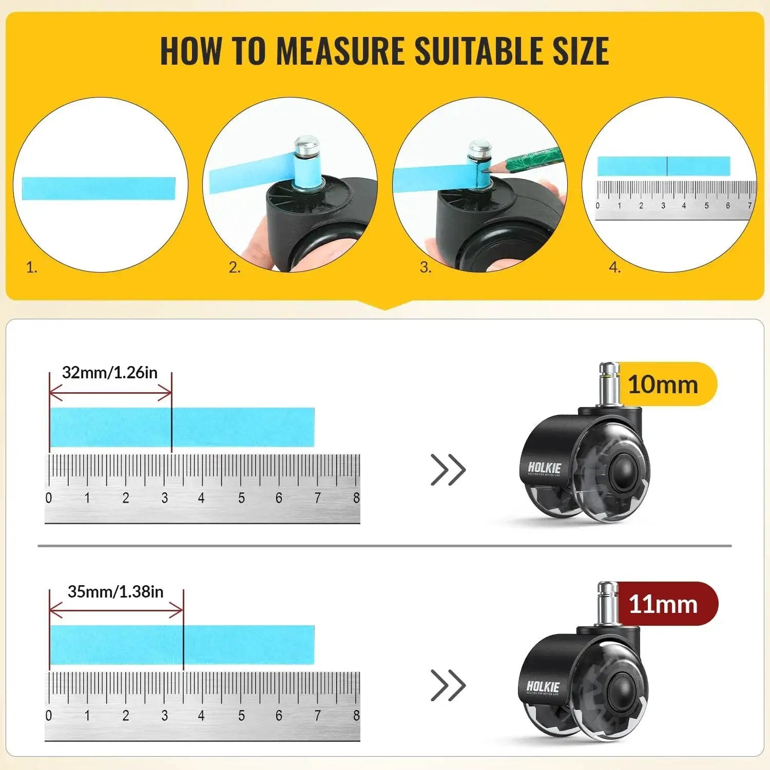 Guide to measure the stem size for Office Chair Wheels Grey Dual Rubber 2 Inch Replacement Casters With 360 Degree Swivel Quiet Rolling Universal Fit For Hardwood Floors And Carpet Set Of 5 11 By 22 Mm Smooth Glide For Computer And Gaming Chairs