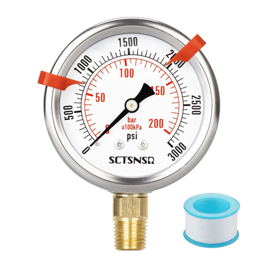 Glycerin Filled 0 To 3000 Psi Pressure Gauge, Two And A Half Inch Dial, Lower Mount One Quarter Inch NPT, Stainless Steel Case, Brass Core
