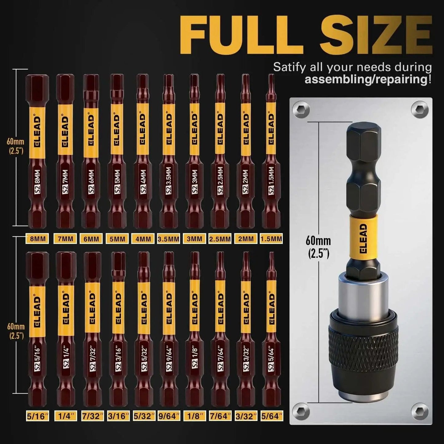 21 Piece Two And A Half Inch Allen Wrench Hex Drill Bit Set With Magnetic Bits For SAE And Metric Sizes Pro Grade