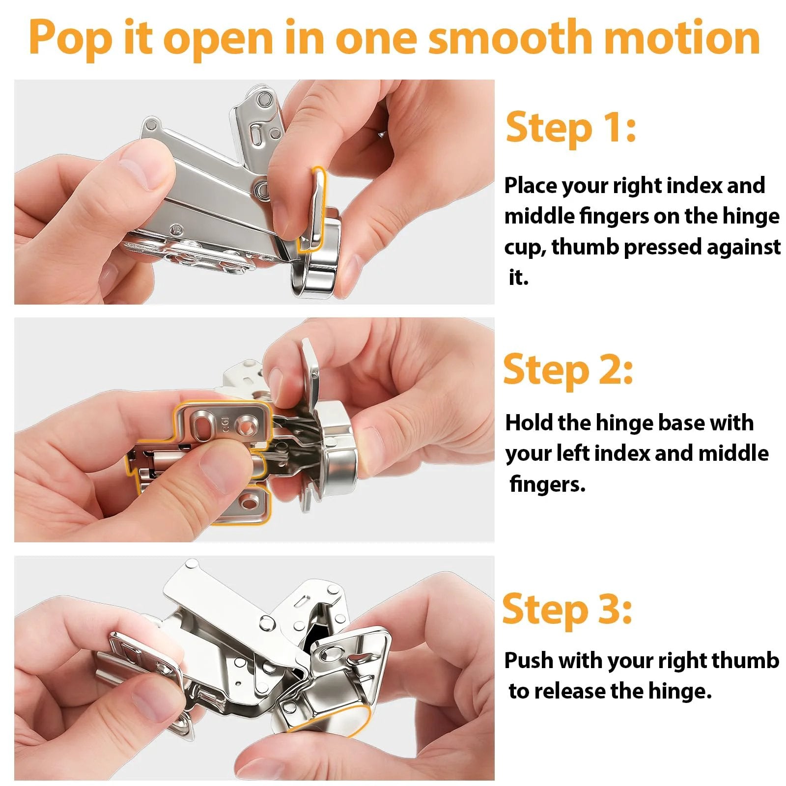 Steps to open 175 Degree Frameless Cabinet Door Hinges With 48mm Concealed Cup Hydraulic Soft Close Adjustable Nickel Plated Steel Dampers