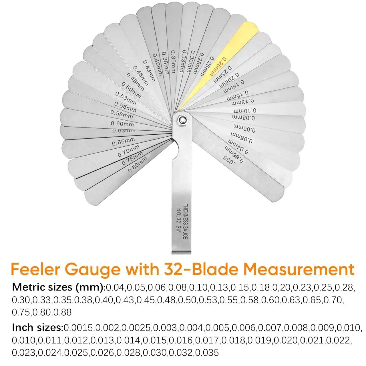 Two Piece Feeler Gauge Set With 32 Blade Main Gauge And 16 Blade Offset Gauge Dual Marked SAE And Metric Sizes For Precise Mechanical Clearance Measurements Made From 65 Manganese Steel For Tough Wear Resistance And Elasticity displayed.