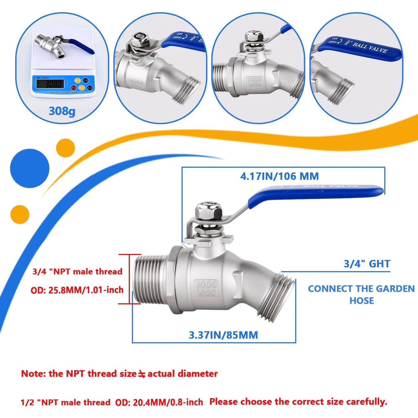 Heavy Duty 304 Stainless Steel Hose Bibb Outdoor Faucet Three Quarter Inch NPT To Three Quarter Inch GHT Male Threads Lead Free Compliant Full Flow 14mm Valve For Gardens And Patios Boiler Drain diagram with dimensions and NPT to GHT label